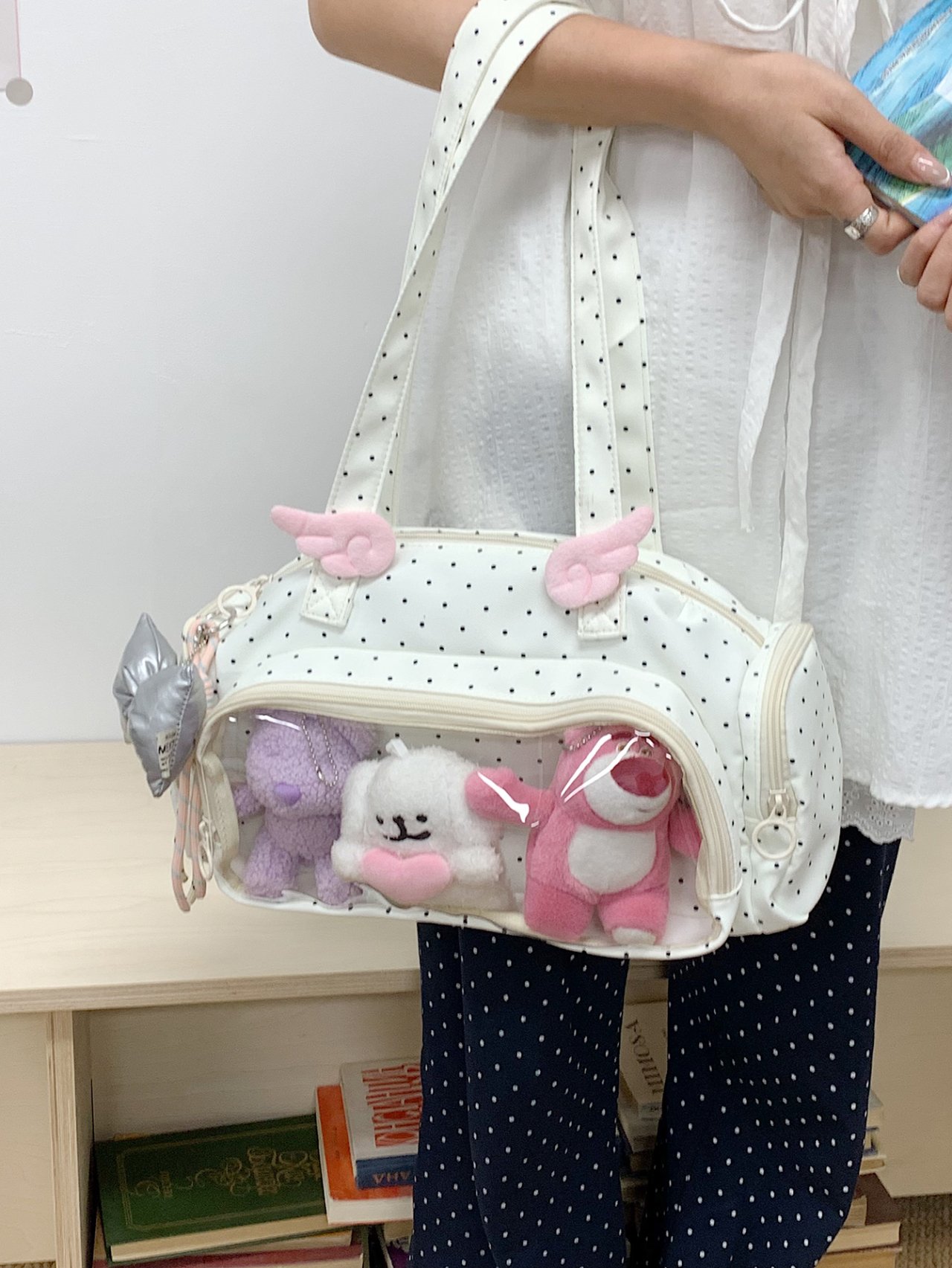 White Polka Dot Shoulder Bag with Clear Pocket Display 