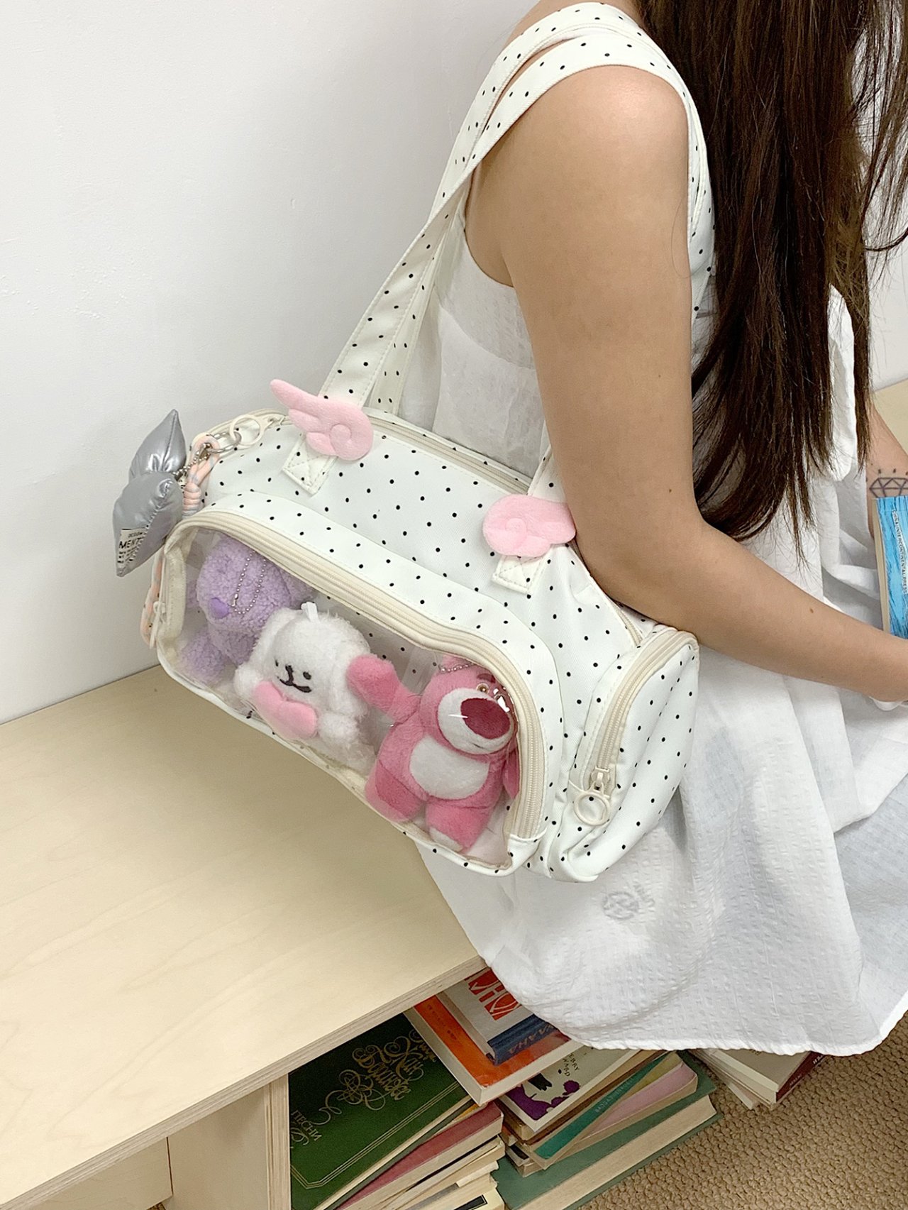 White Polka Dot Shoulder Bag with Clear Pocket Display 