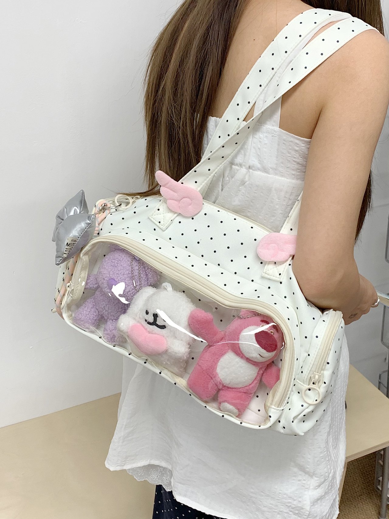 White Polka Dot Shoulder Bag with Clear Pocket Display 