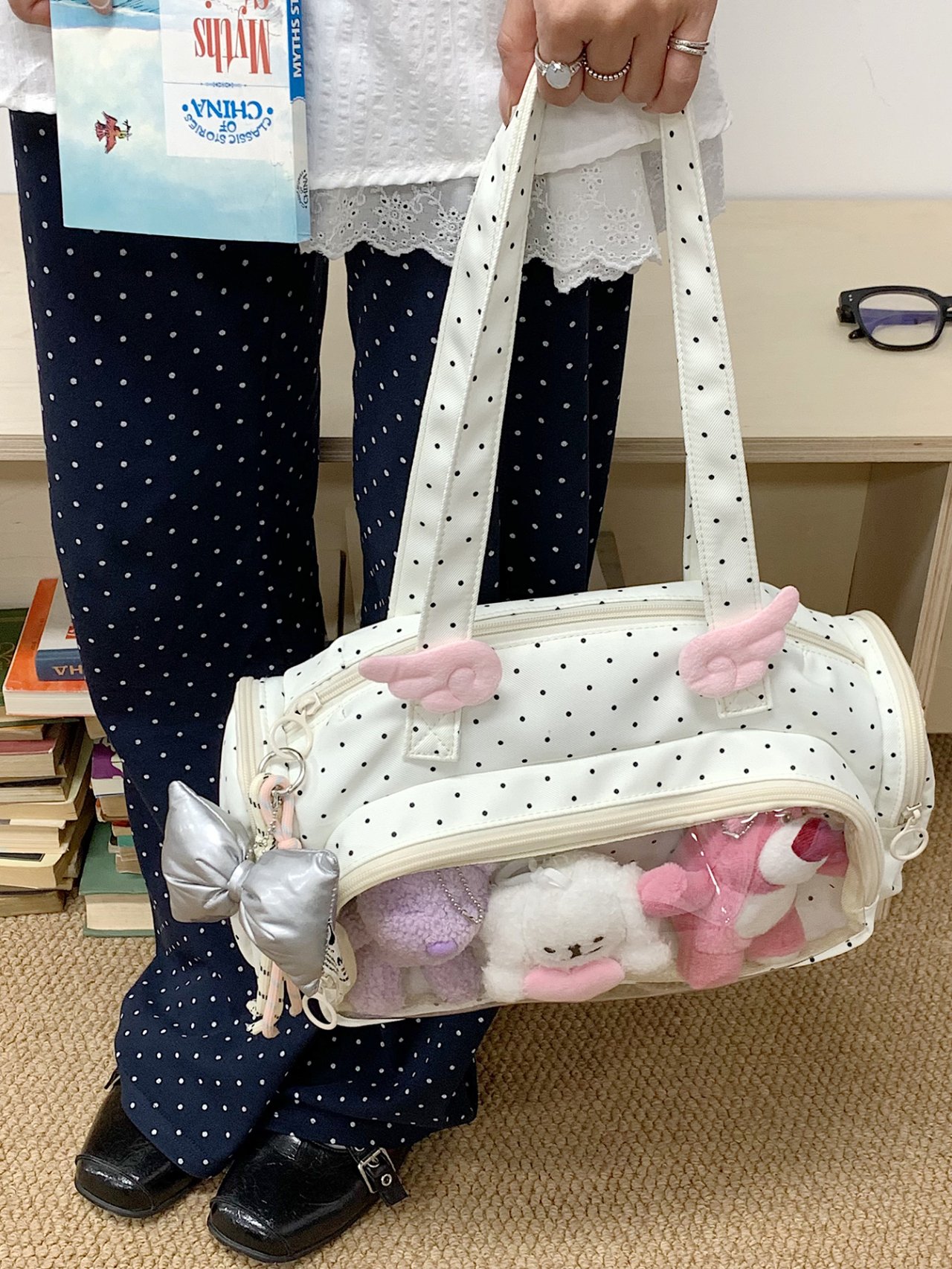 White Polka Dot Shoulder Bag with Clear Pocket Display 