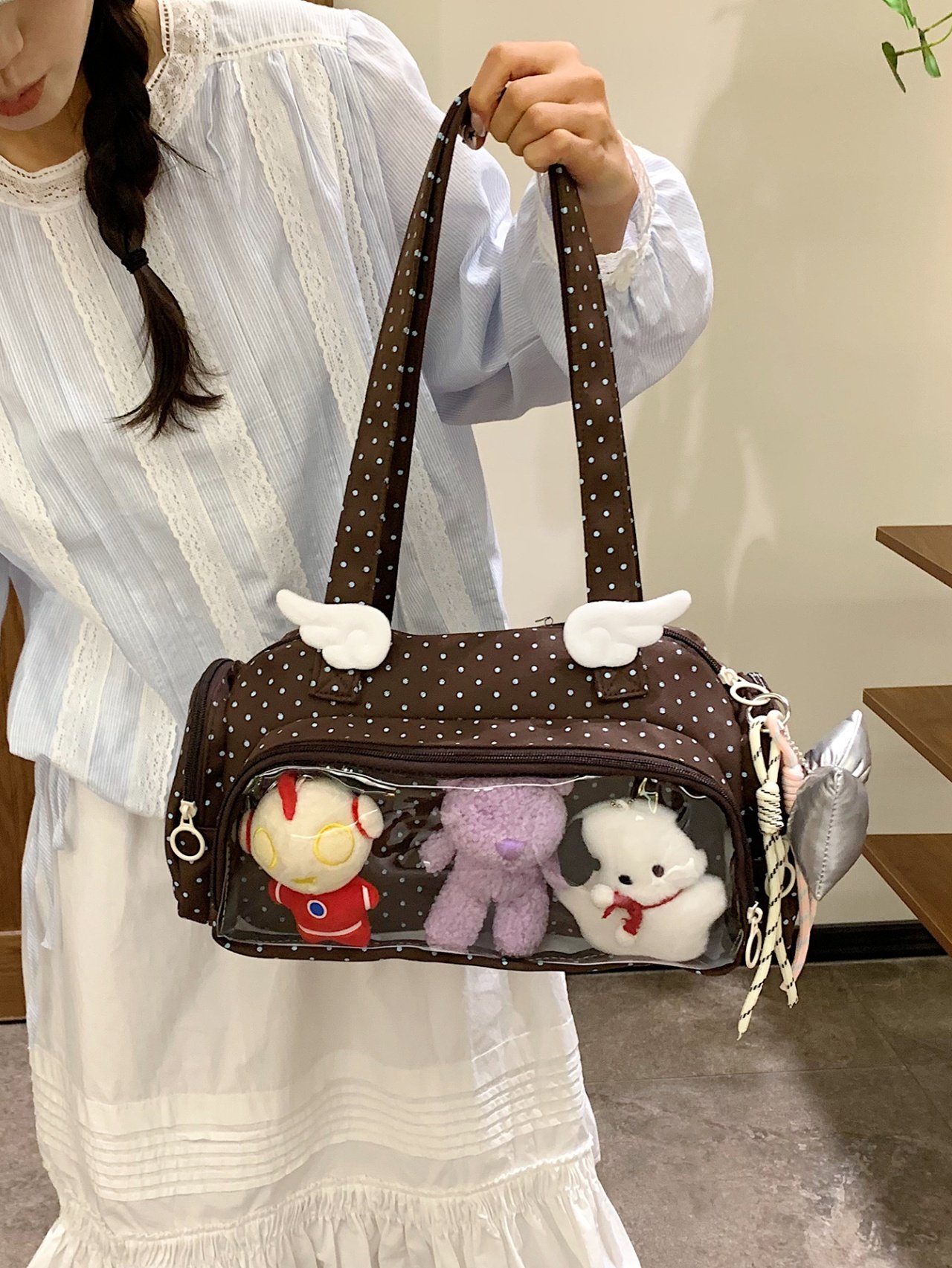 Coffee Brown Polka Dot Tote Bag with Clear Pocket