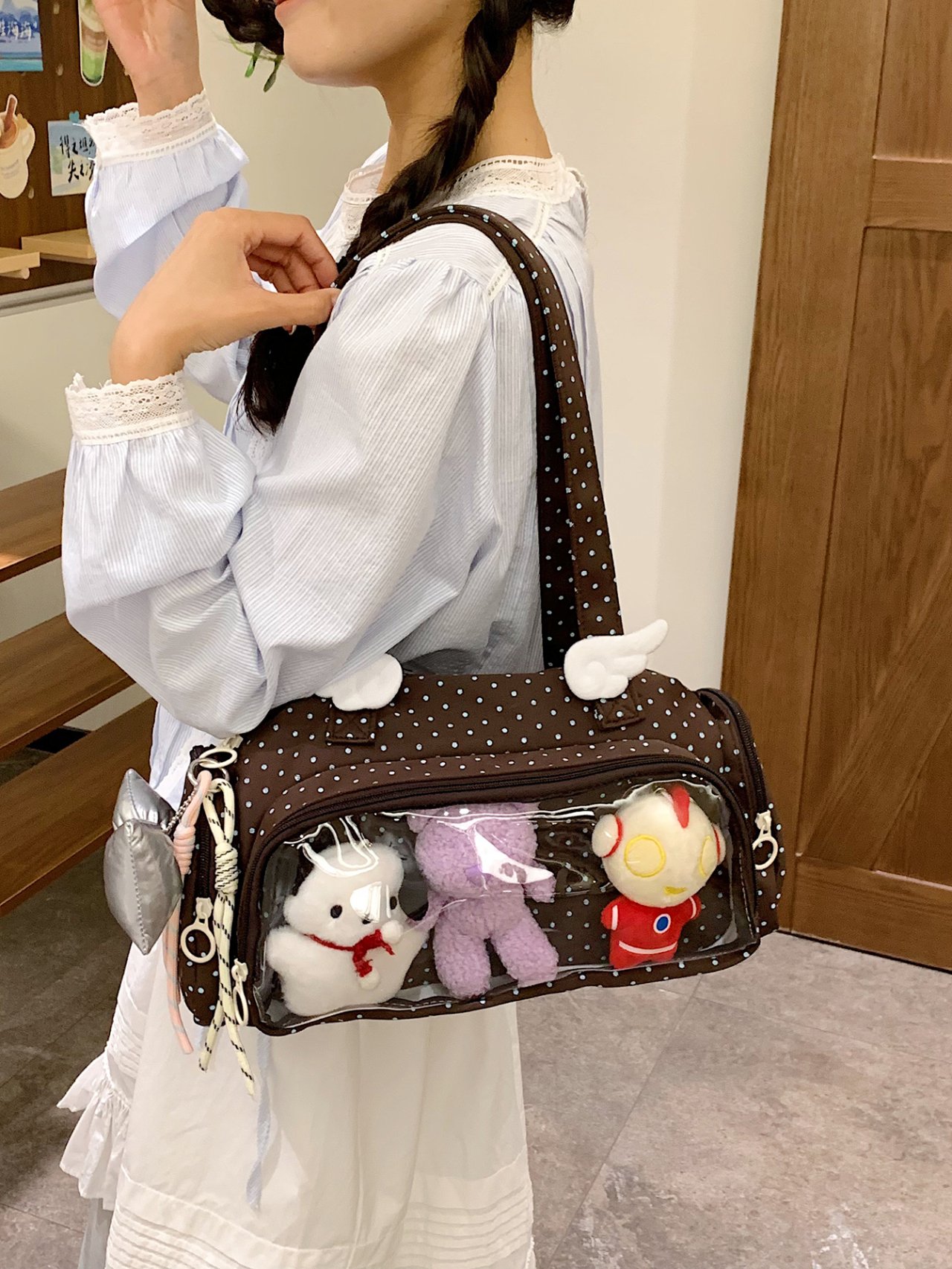 Coffee Brown Polka Dot Tote Bag with Clear Pocket
