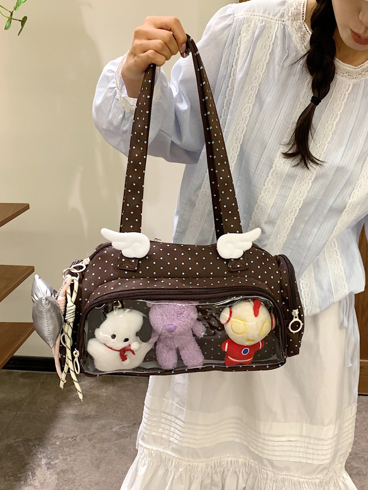 Coffee Brown Polka Dot Tote Bag with Clear Pocket