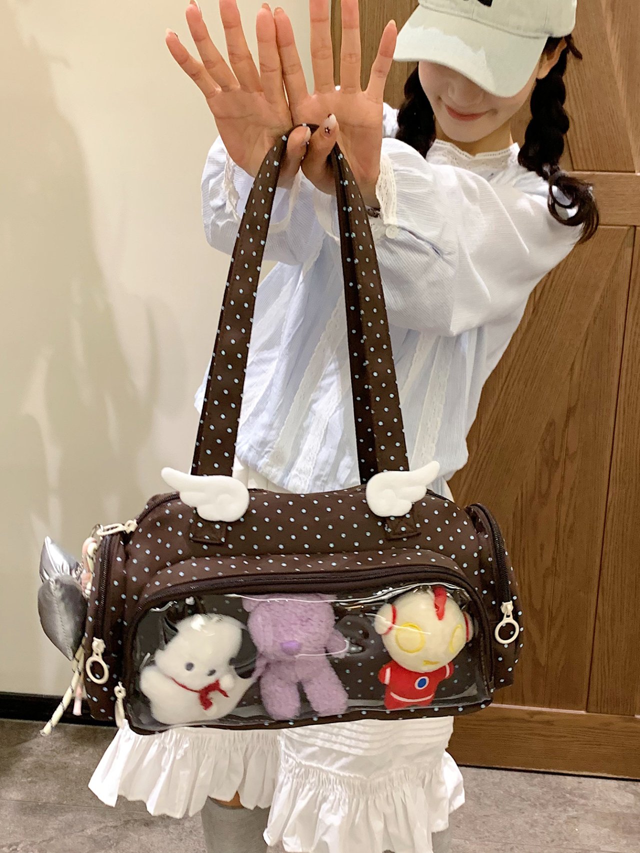 Coffee Brown Polka Dot Tote Bag with Clear Pocket