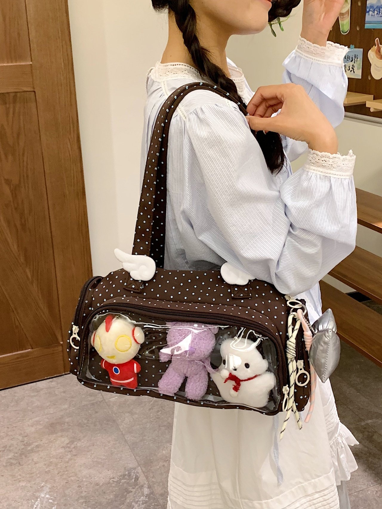 Coffee Brown Polka Dot Tote Bag with Clear Pocket