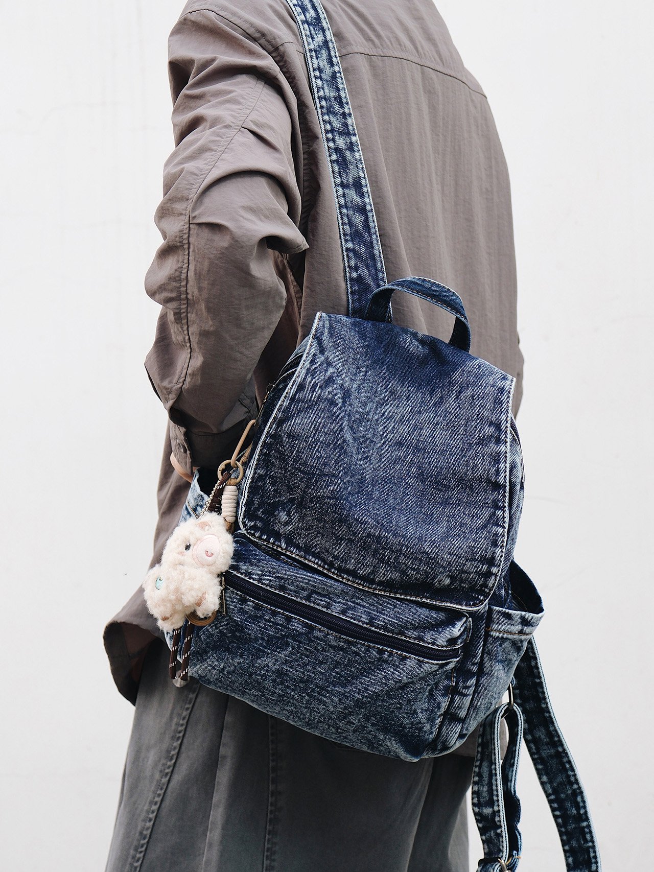 Dark Blue Denim Backpack with Wash