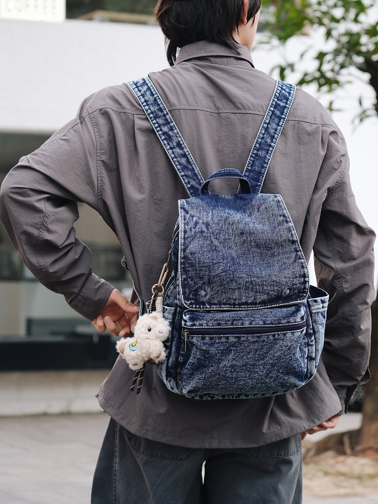 Dark Blue Denim Backpack with Wash