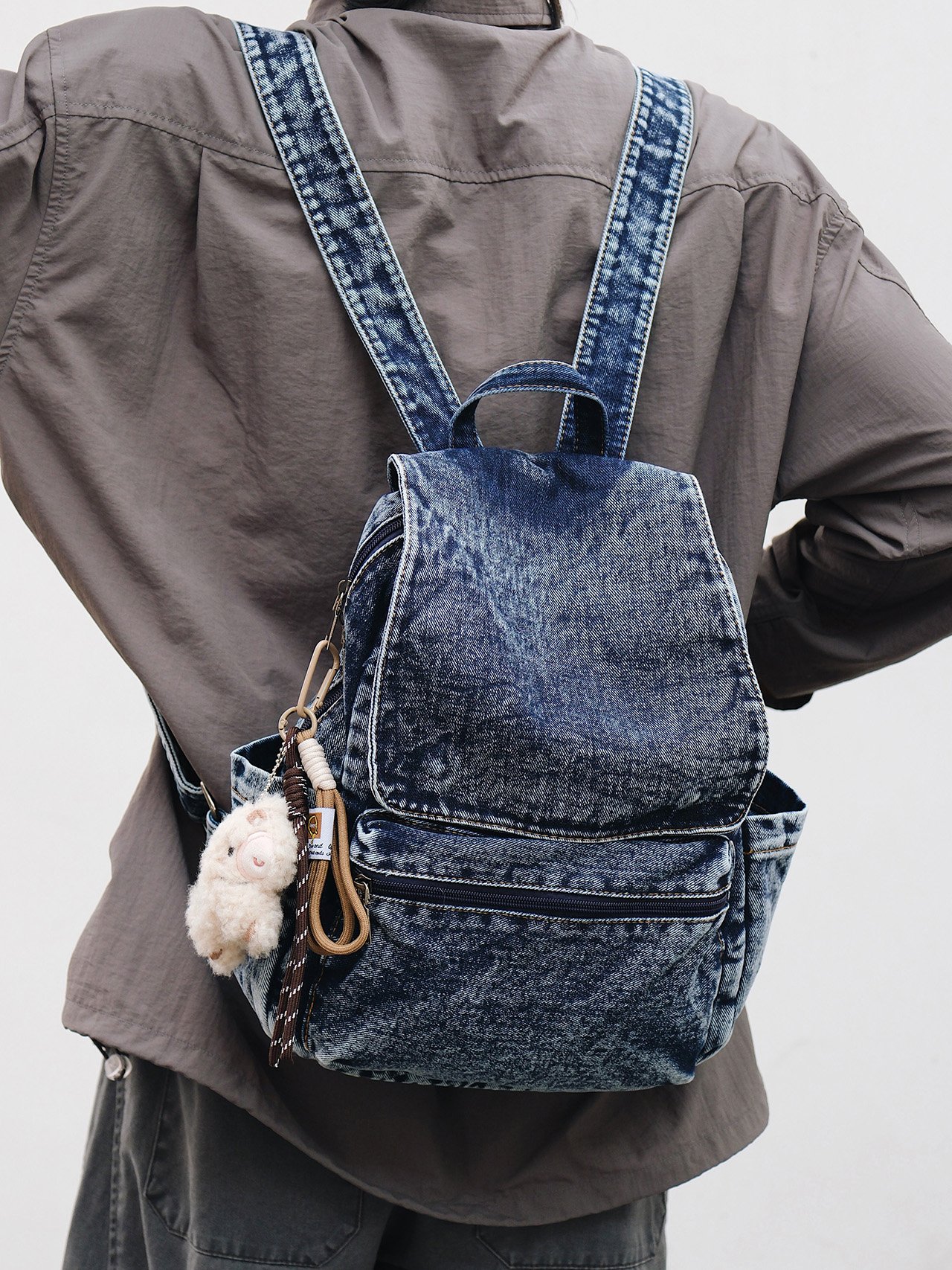 Dark Blue Denim Backpack with Wash