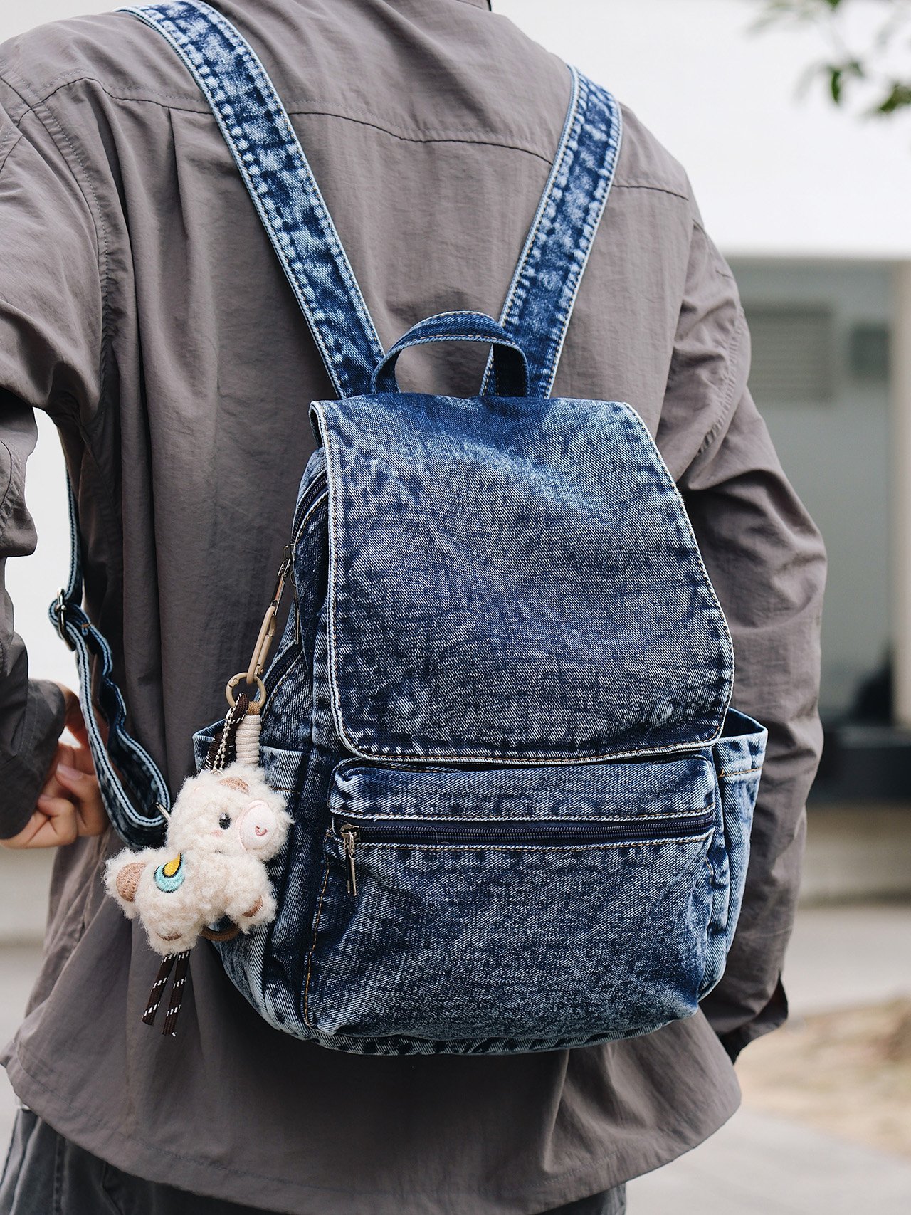 Dark Blue Denim Backpack with Wash