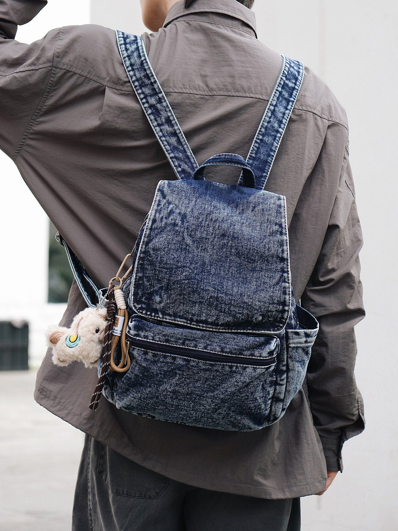 Dark Blue Denim Backpack with Wash