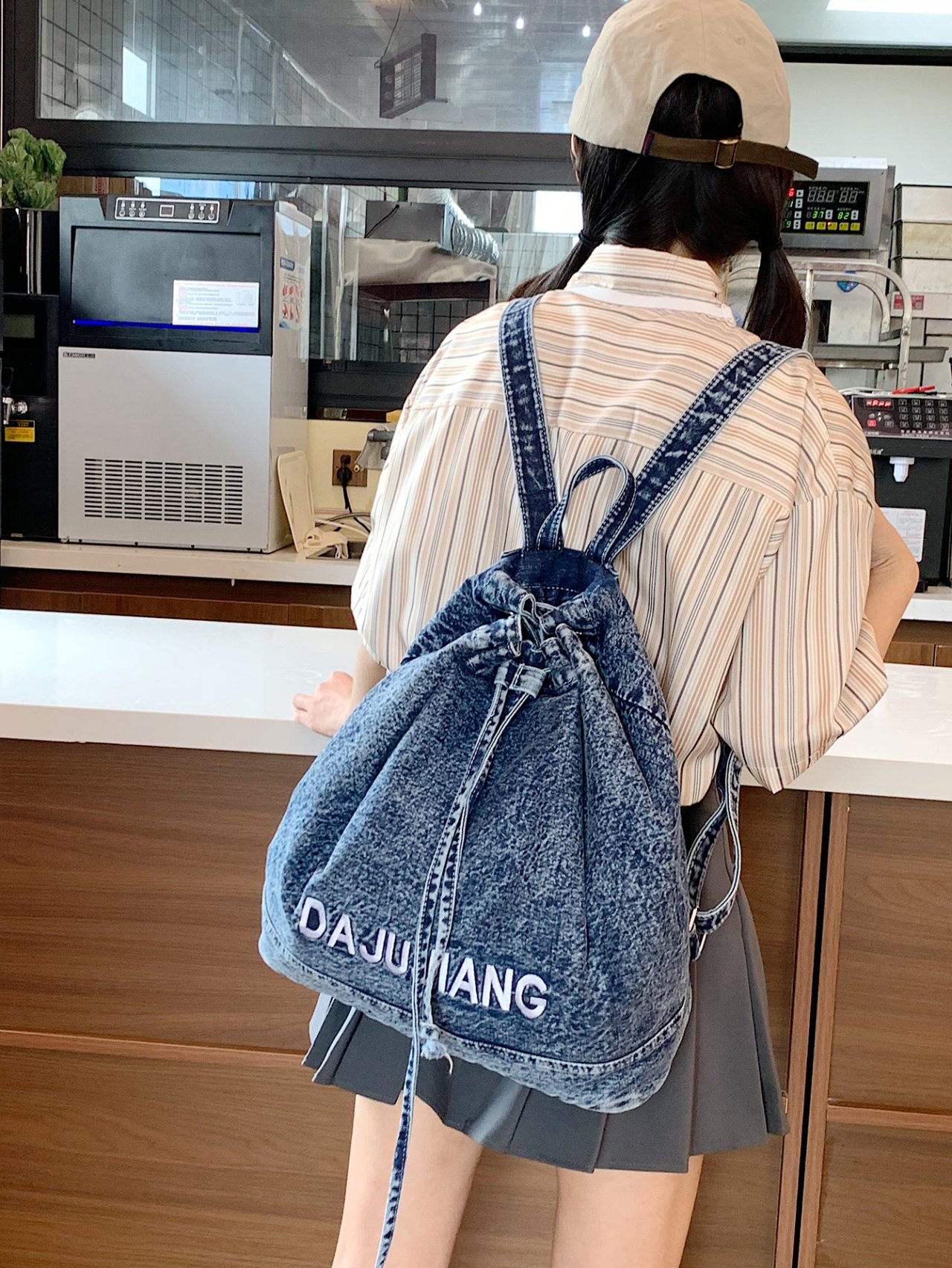 Denim Drawstring Backpack