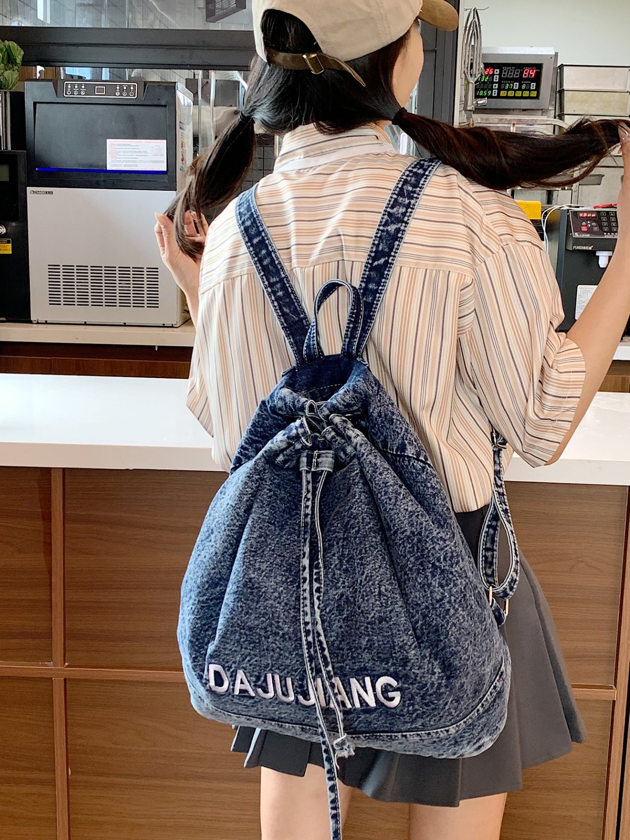 Denim Drawstring Backpack