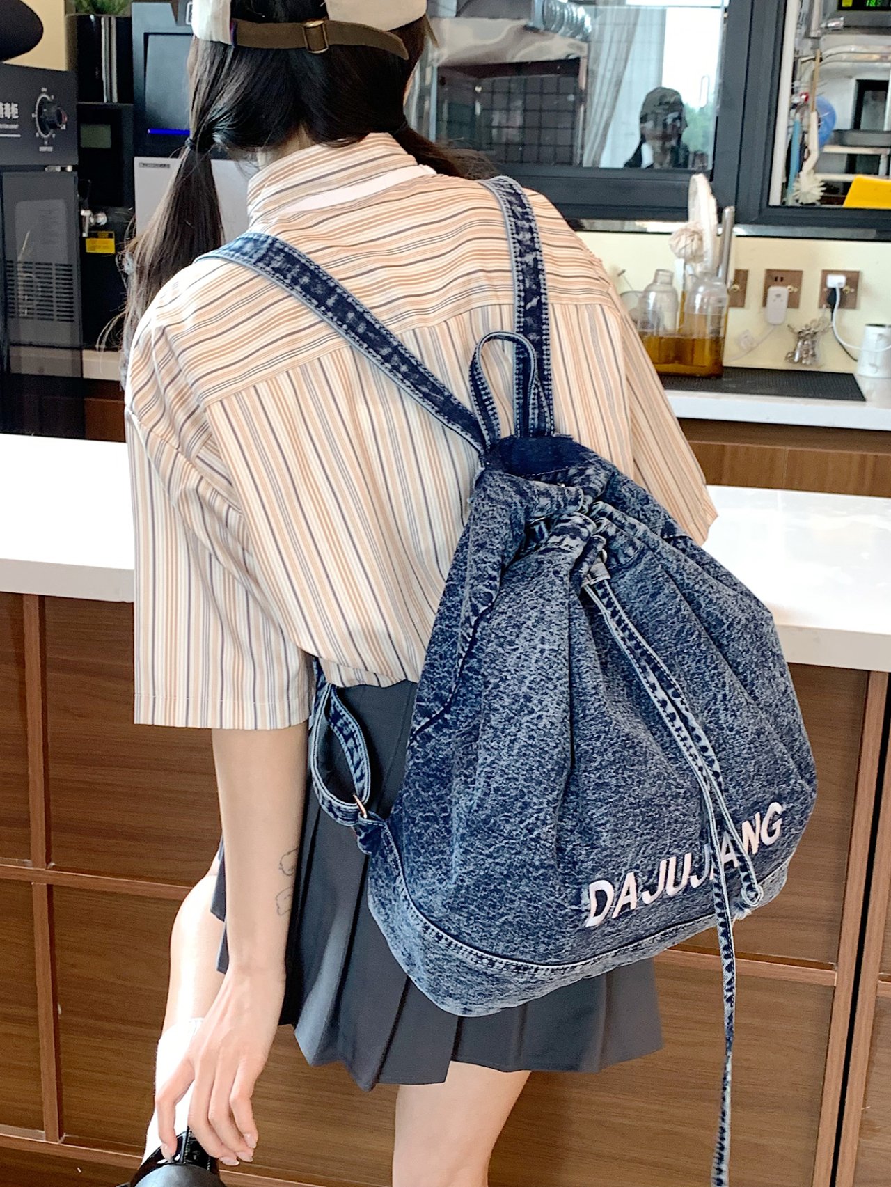Denim Drawstring Backpack