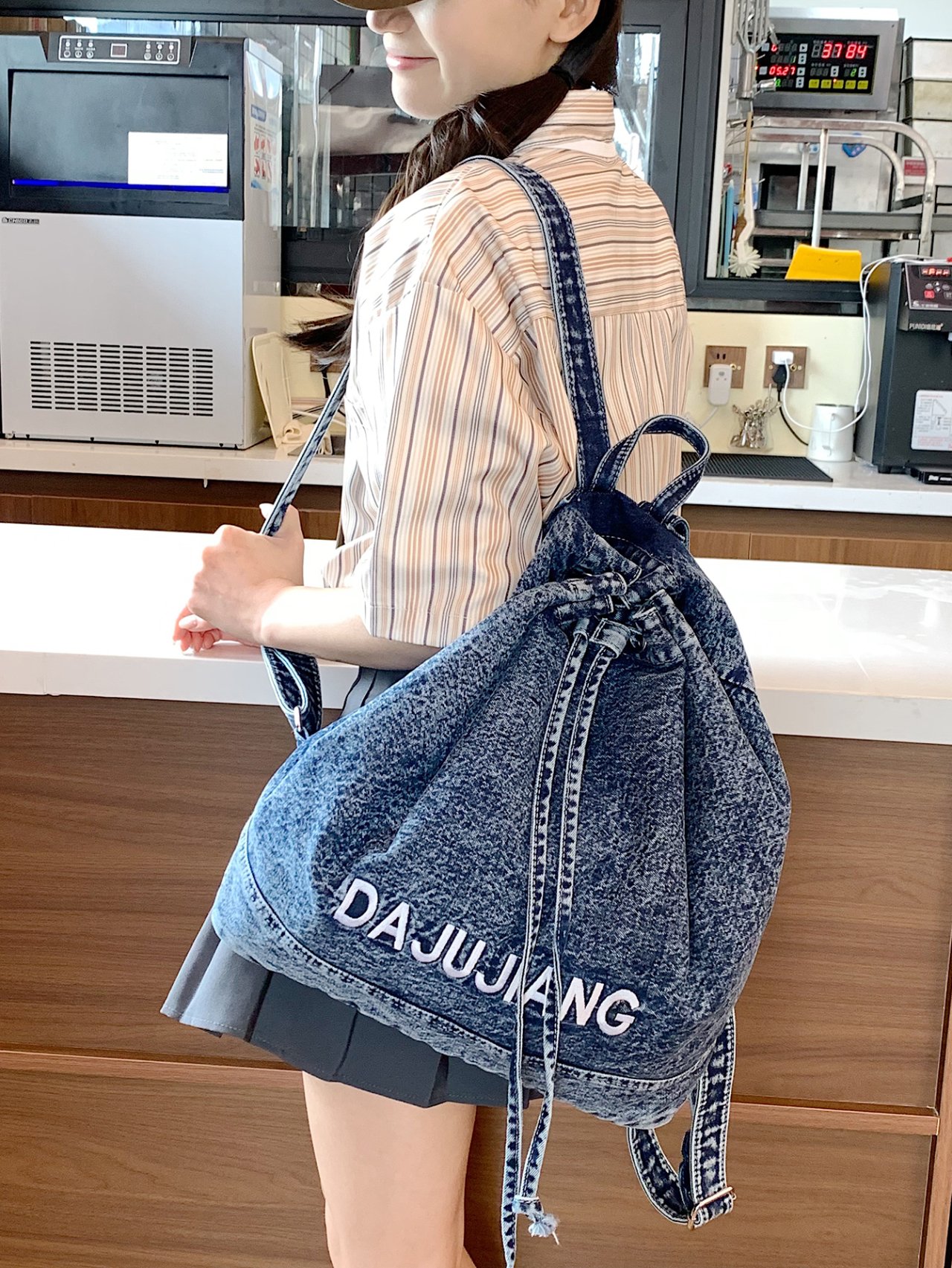 Denim Drawstring Backpack