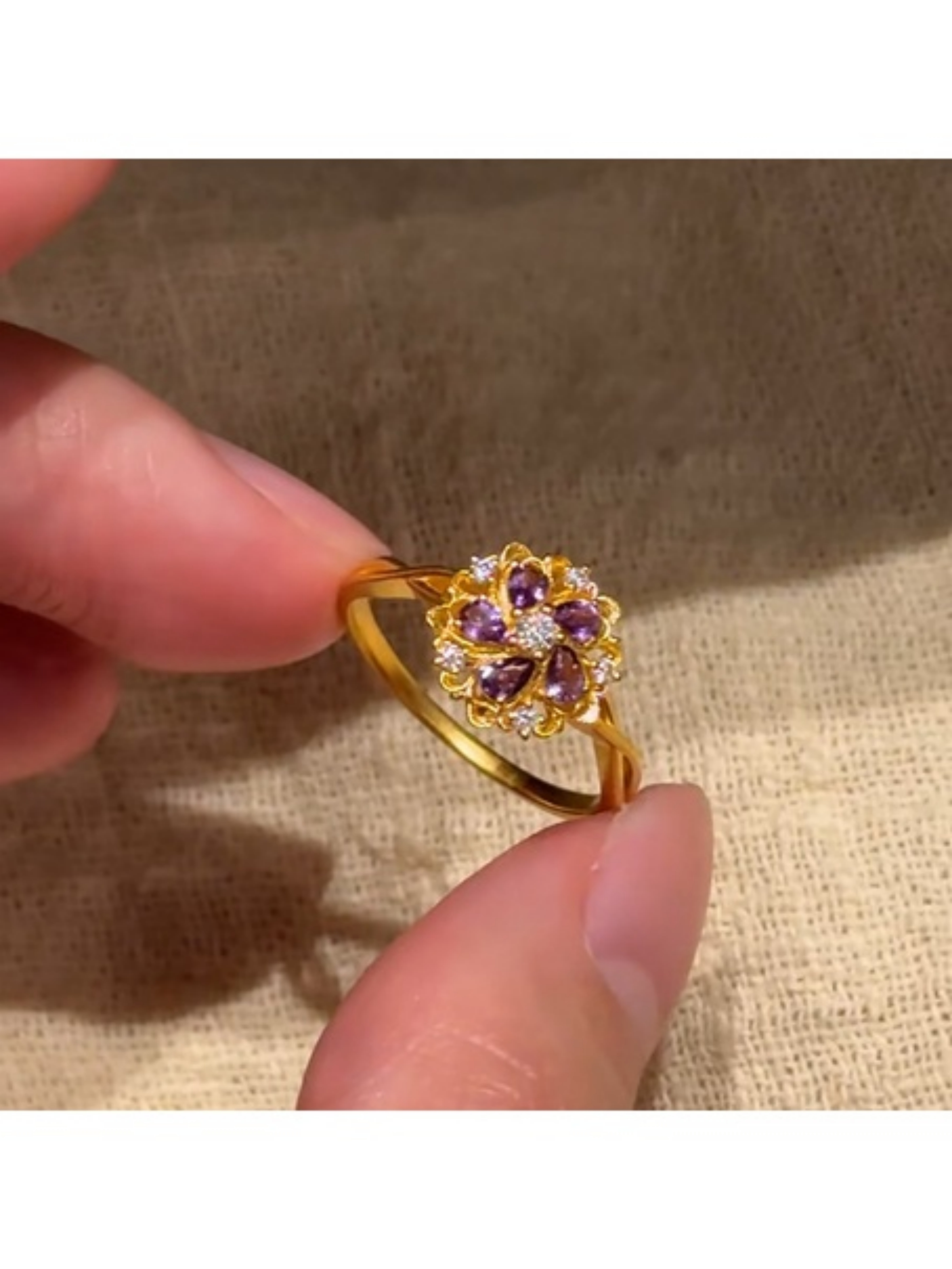 Gold Flower Ring with Amethyst Accent