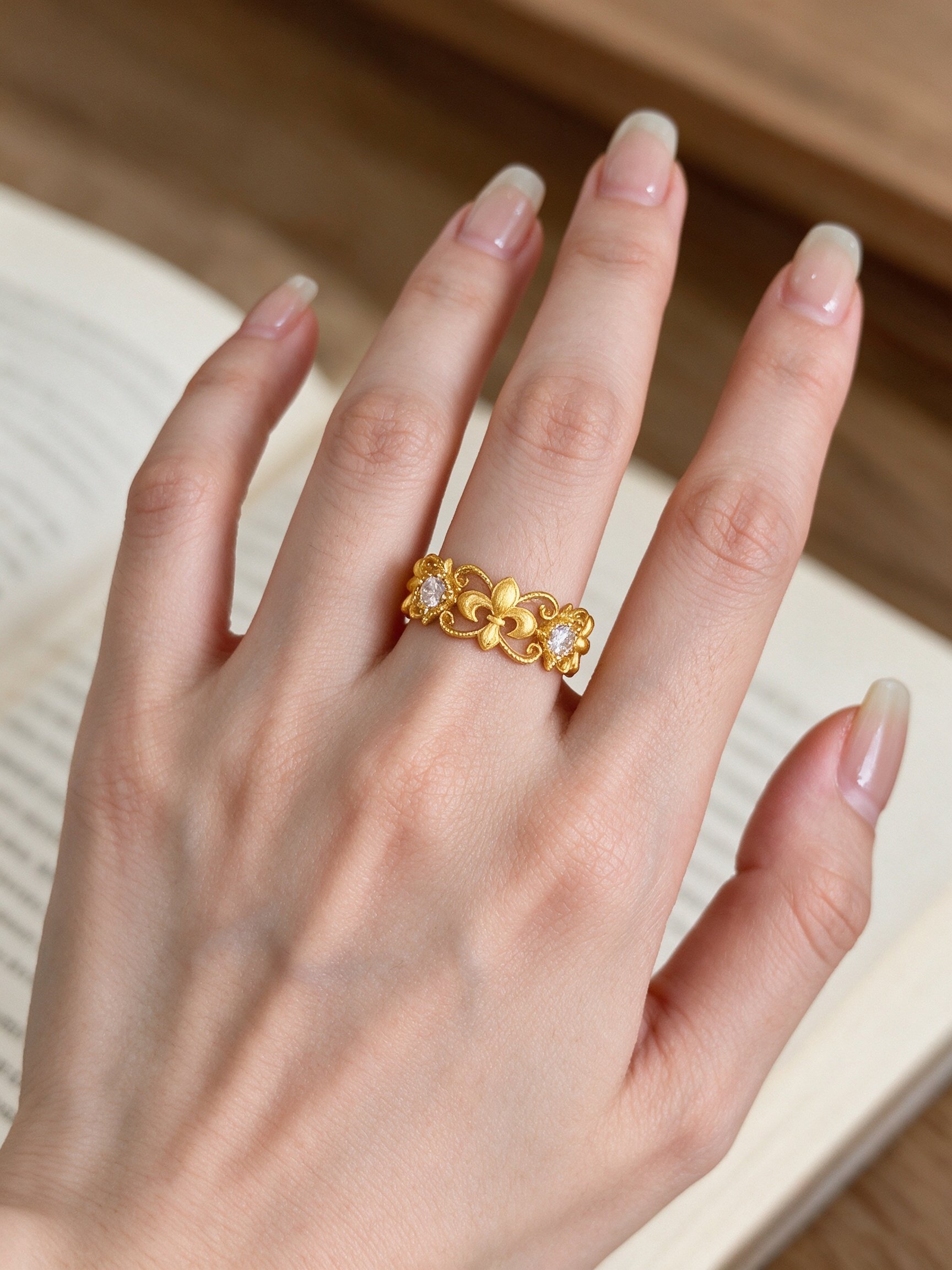 Gold Fleur-De-Lis Ring with Zircon