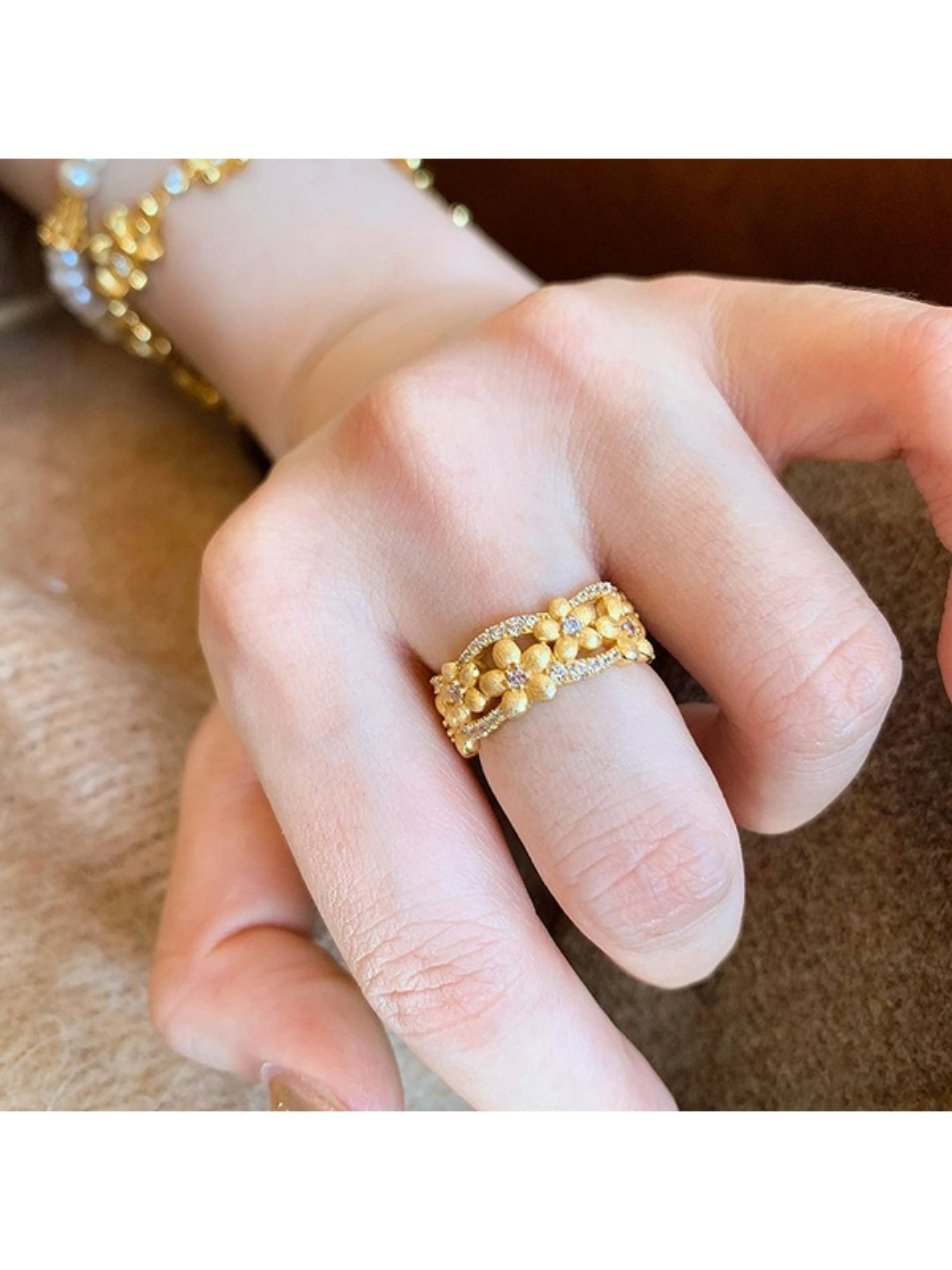 Gold Flower Adjustable Ring with Embellished Accents