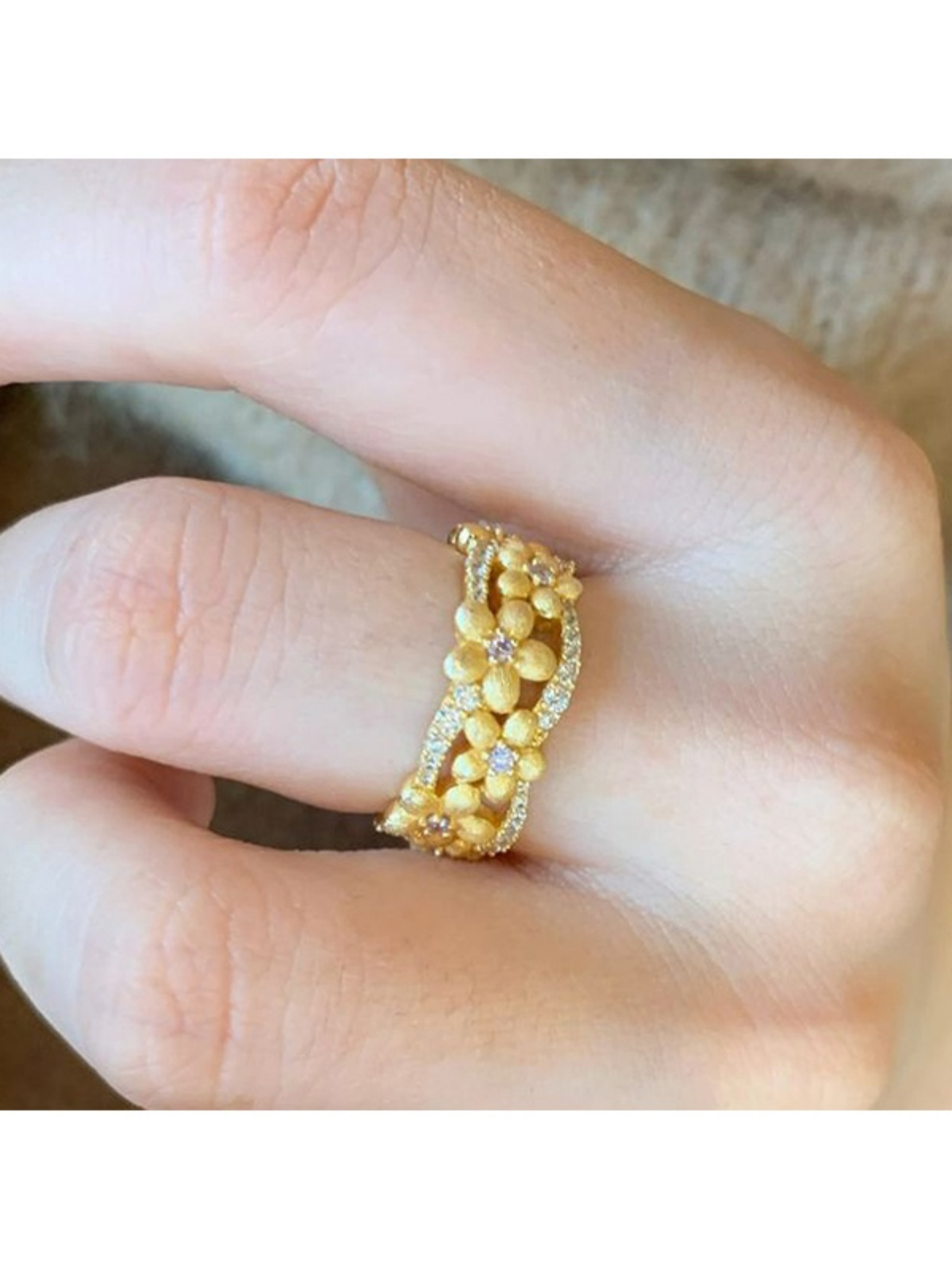 Gold Flower Adjustable Ring with Embellished Accents