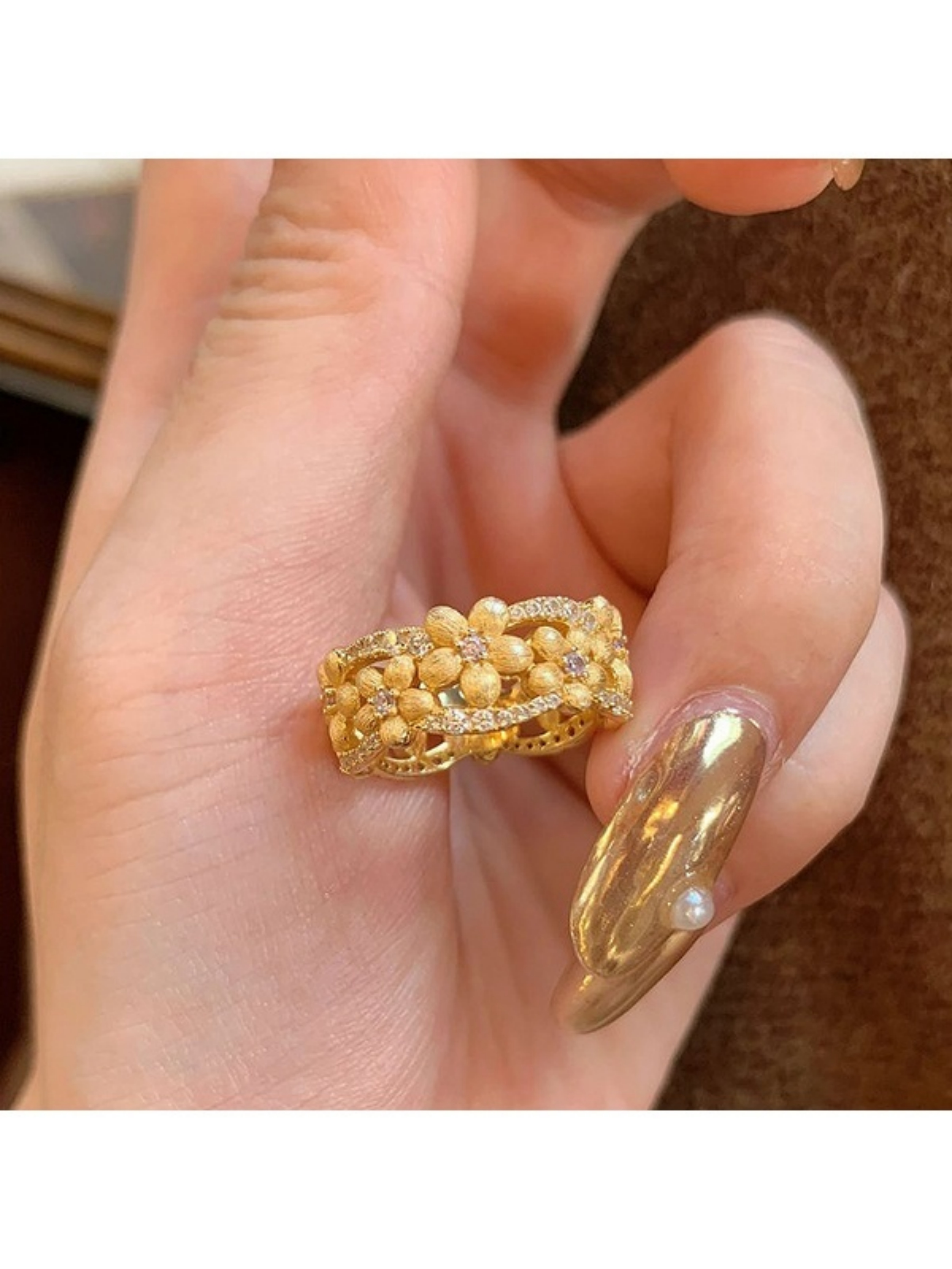 Gold Flower Adjustable Ring with Embellished Accents