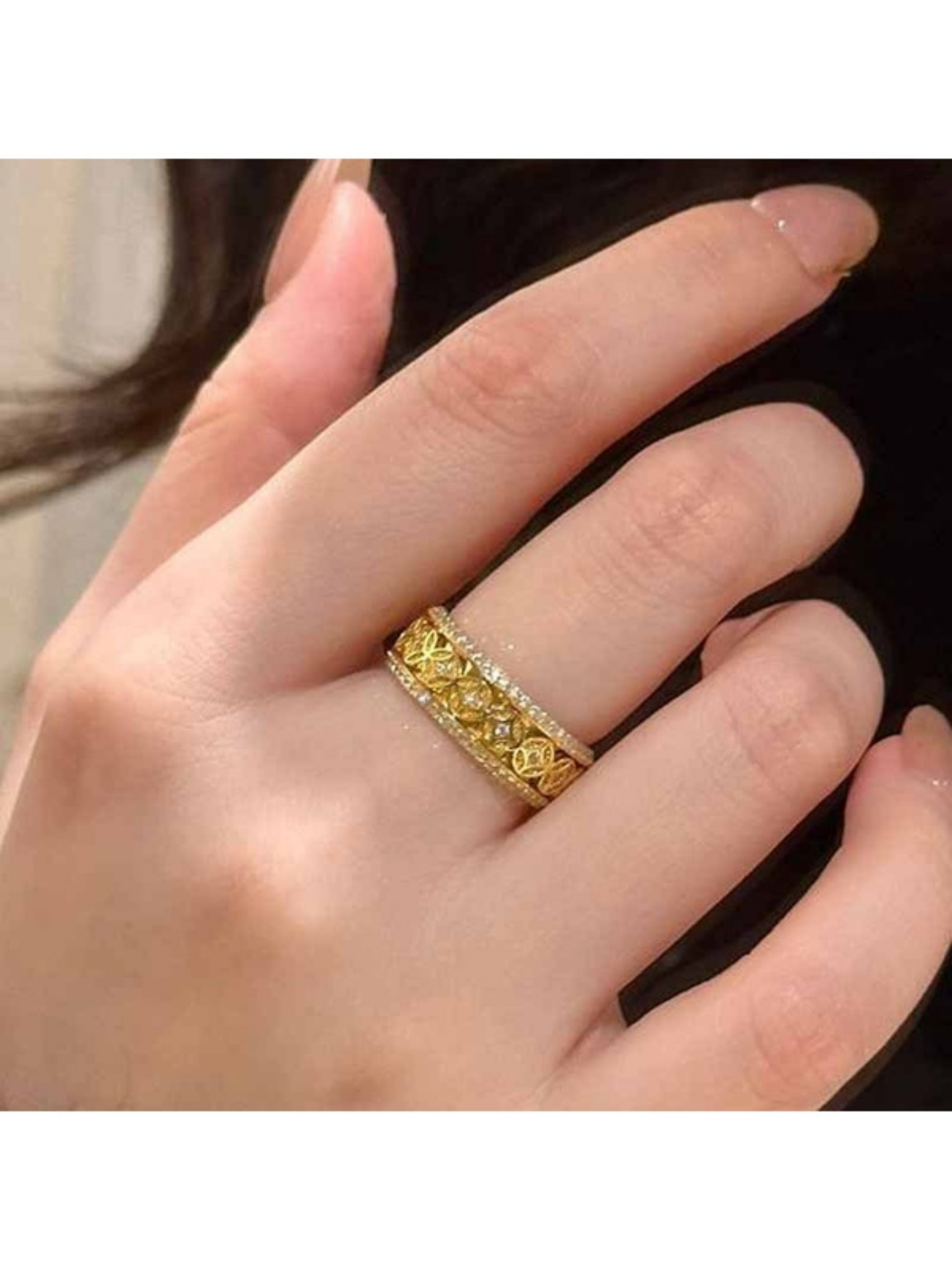 Gold Adjustable Band Ring with Embellished Pattern