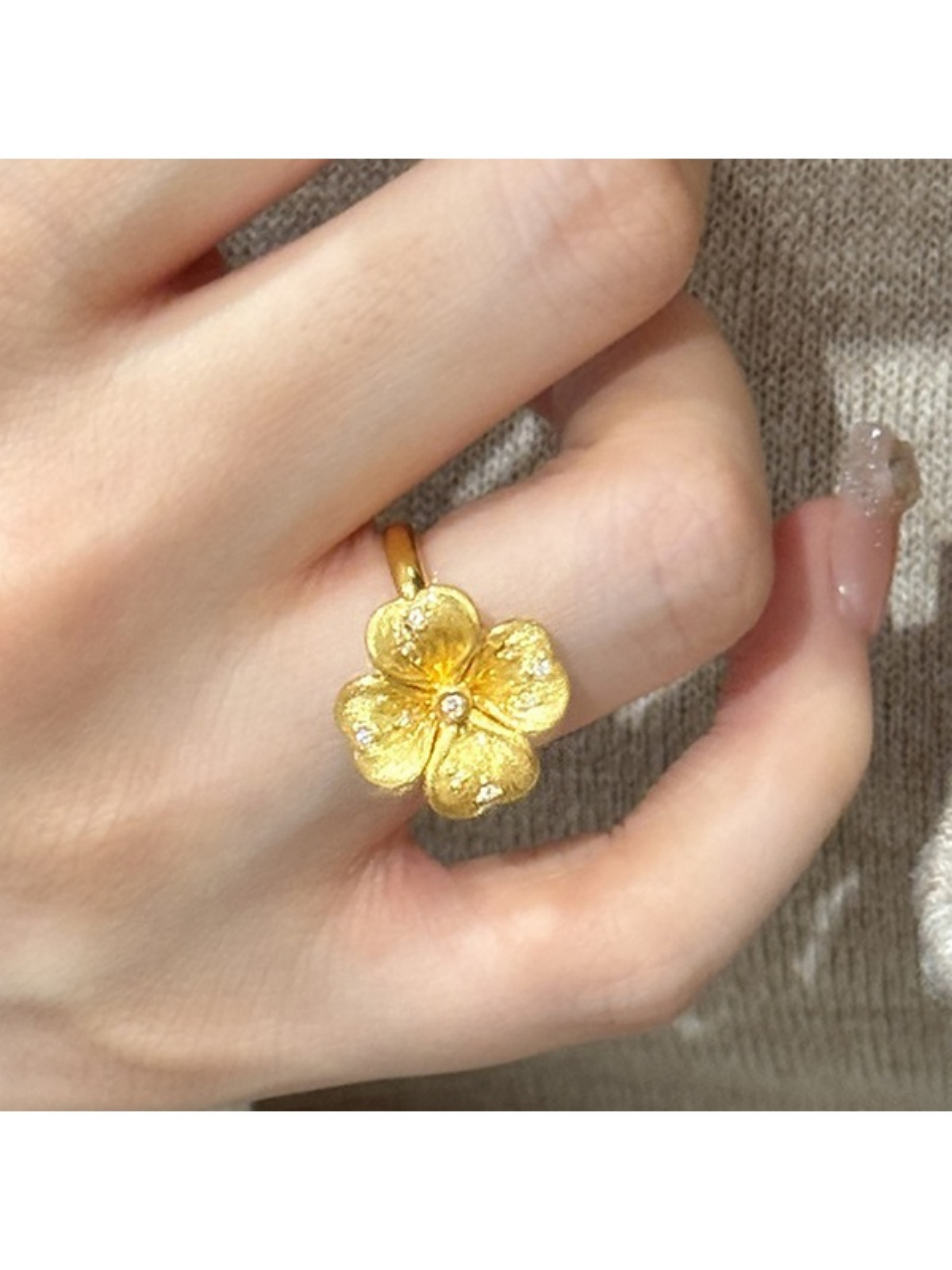 Golden Clover Flower Adjustable Ring