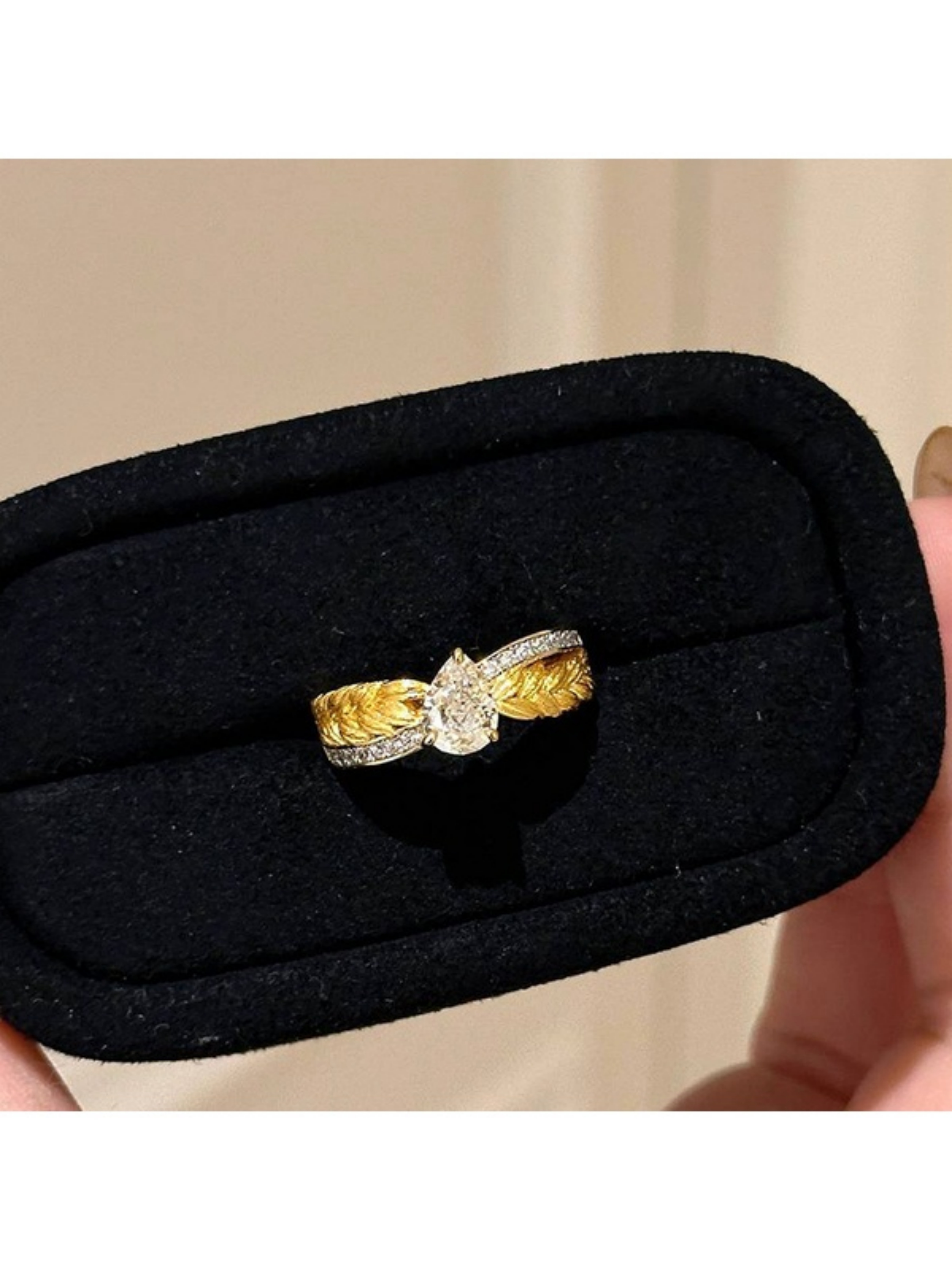 Gold Leaf Design Pear Cz Ring