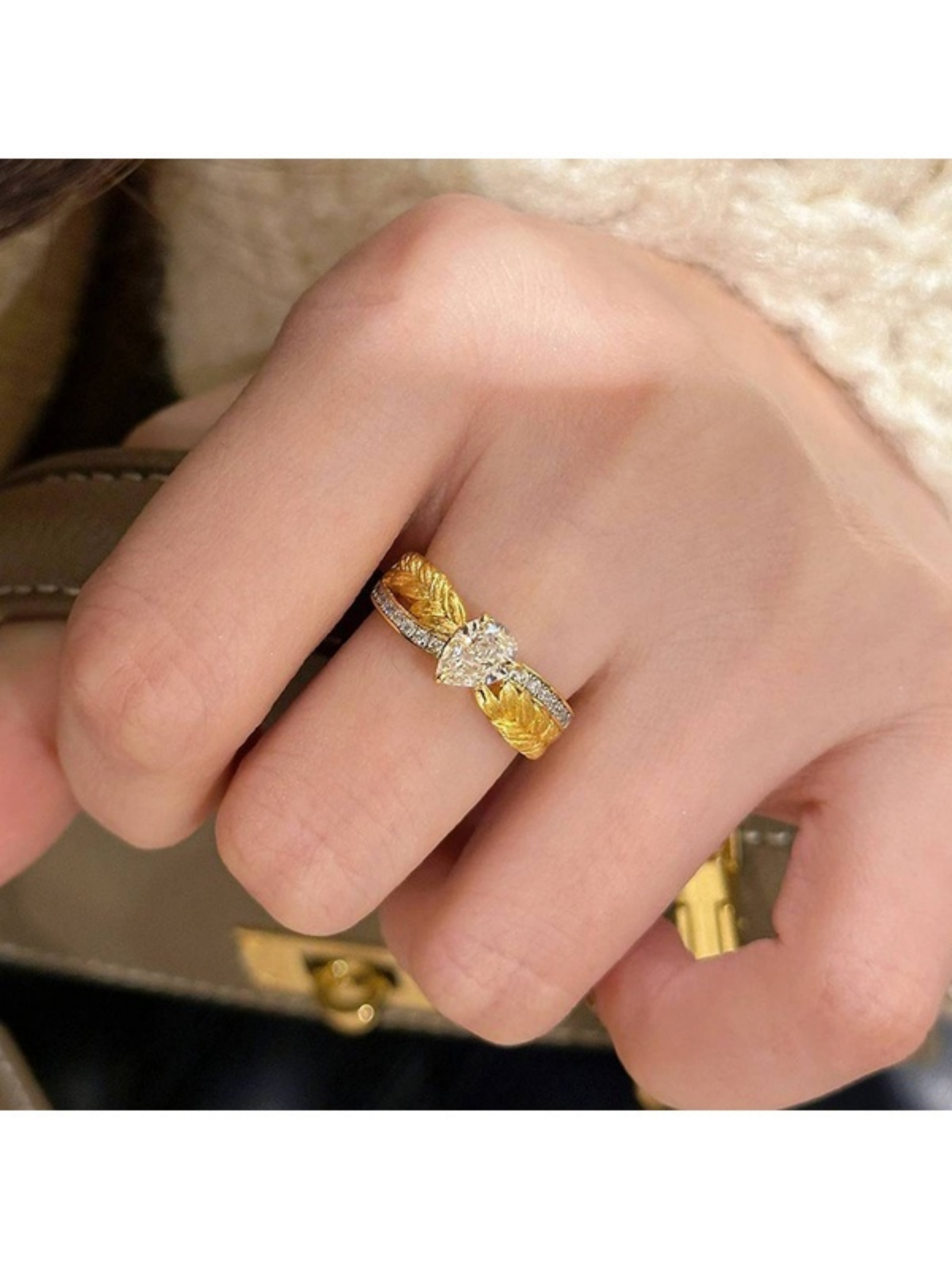 Gold Leaf Design Pear Cz Ring