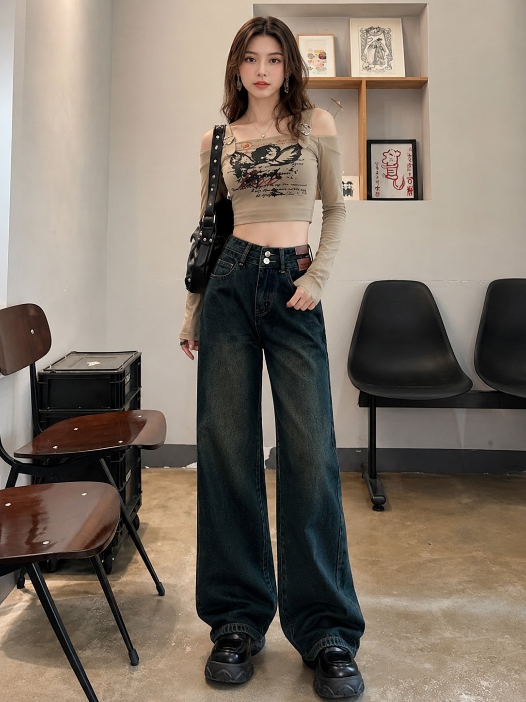 Grey Washed Wide-Leg Denim Jeans