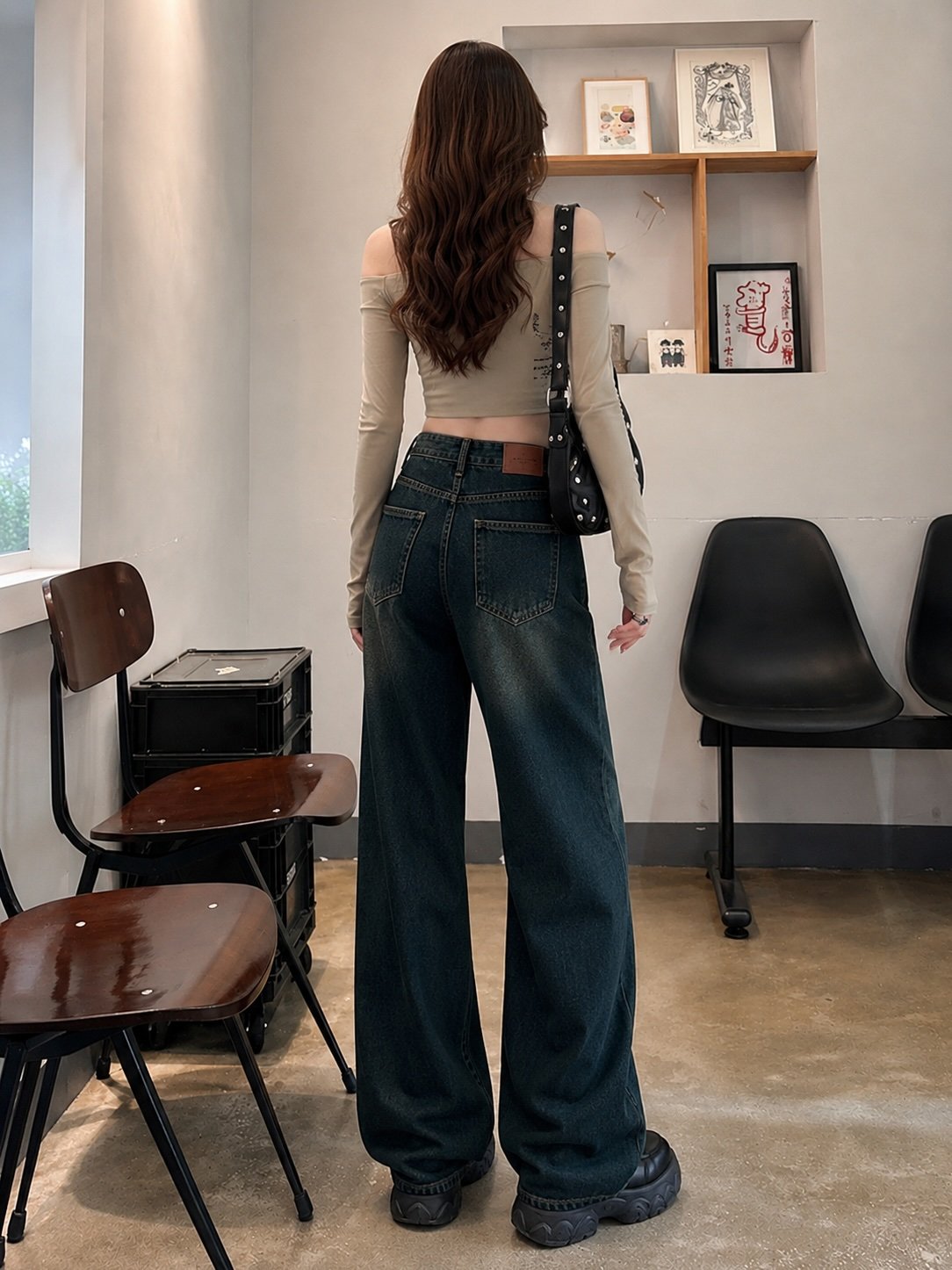 Grey Washed Wide-Leg Denim Jeans