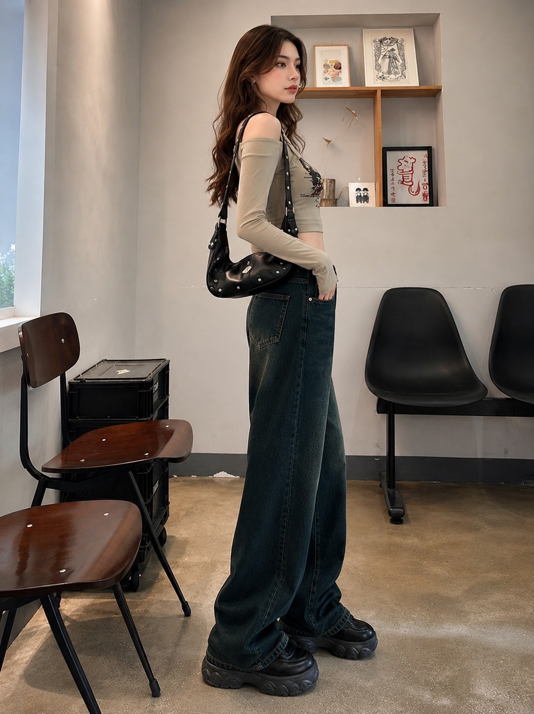 Grey Washed Wide-Leg Denim Jeans