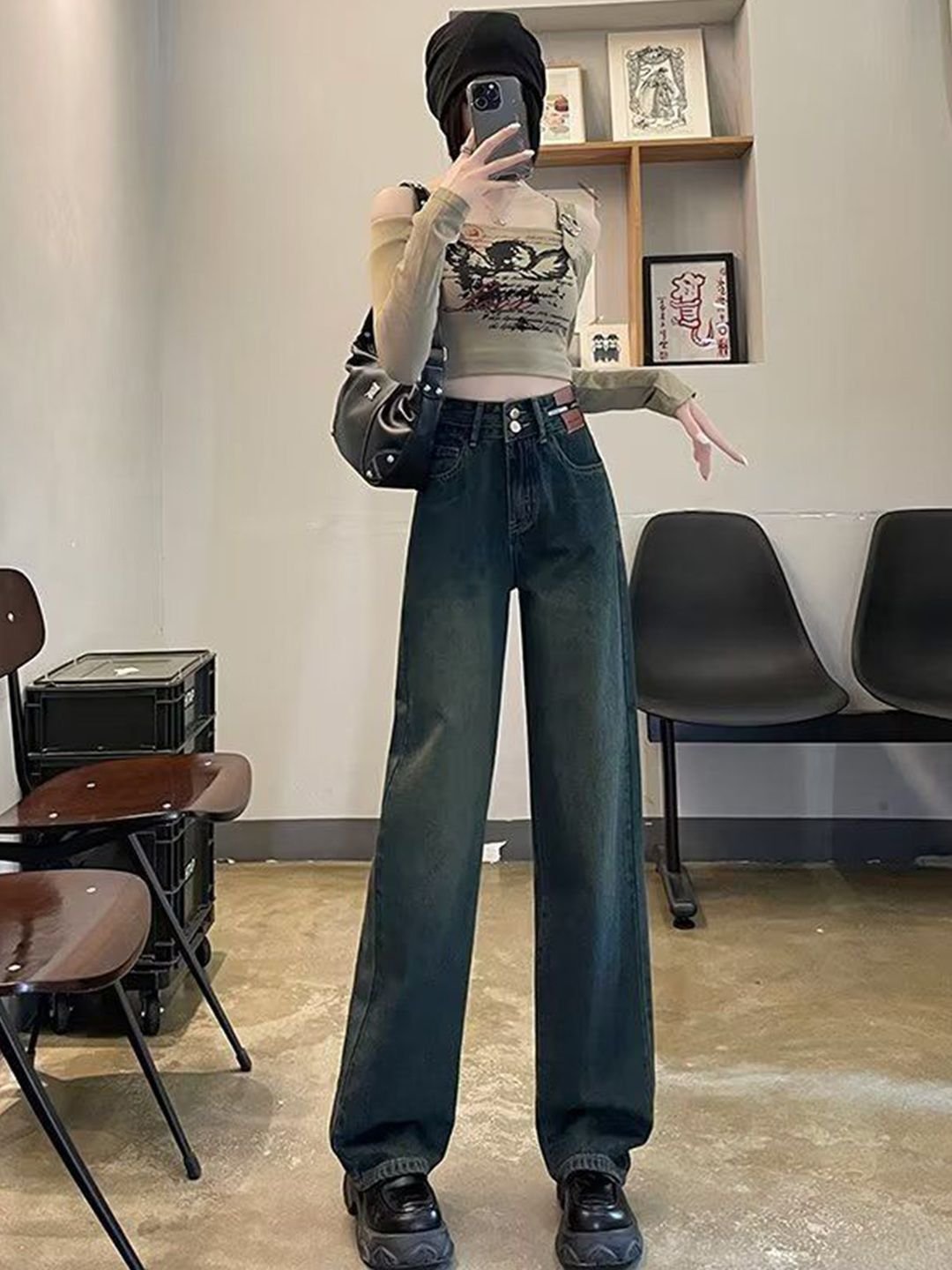 Grey Washed Wide-Leg Denim Jeans