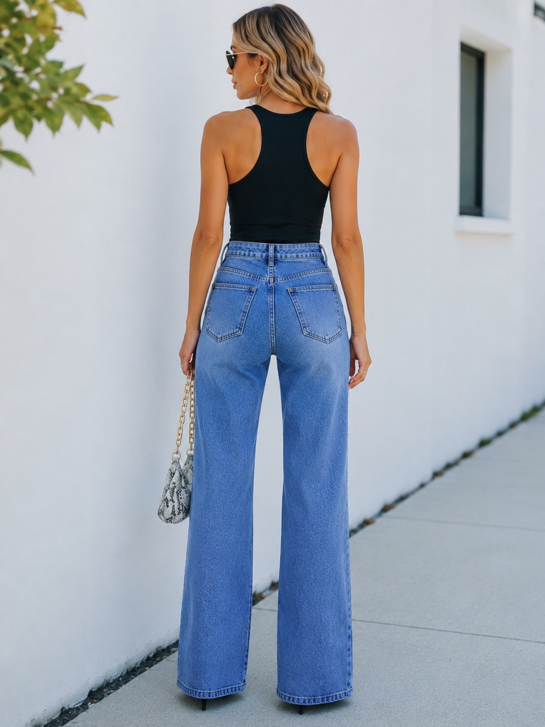 Blue Wide-Leg Jeans with Slit Detail