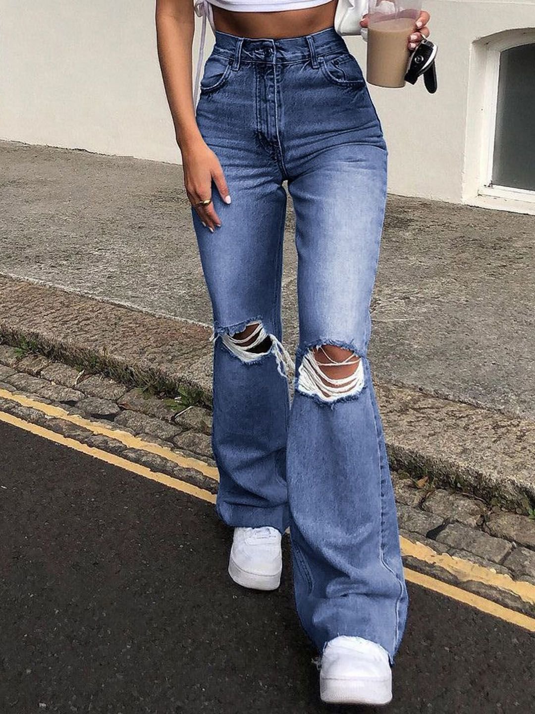 Blue High-Waist Wide Leg Ripped Jeans
