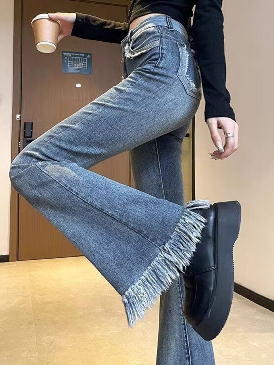 Blue High-Rise Frayed Hem Flare Jeans