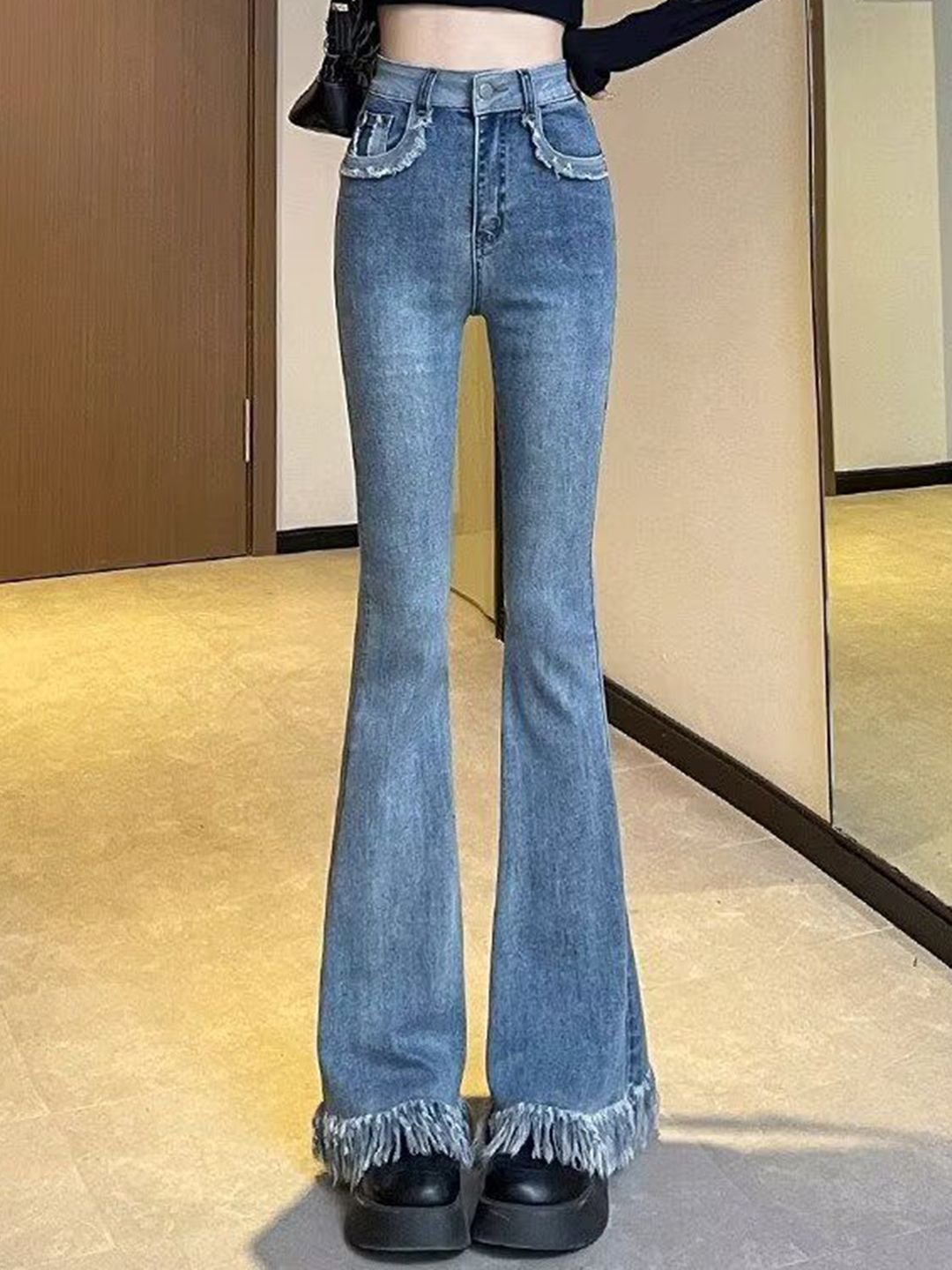 Blue High-Rise Frayed Hem Flare Jeans