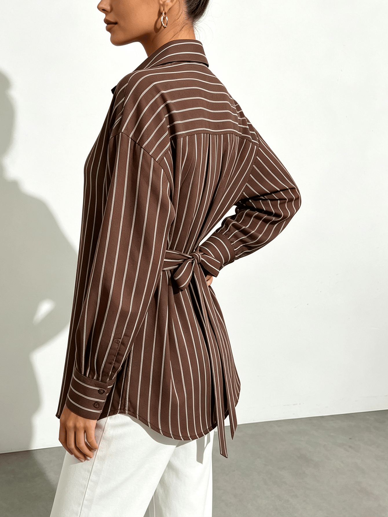 Coffee Brown Striped Oversized Shirt with Collar