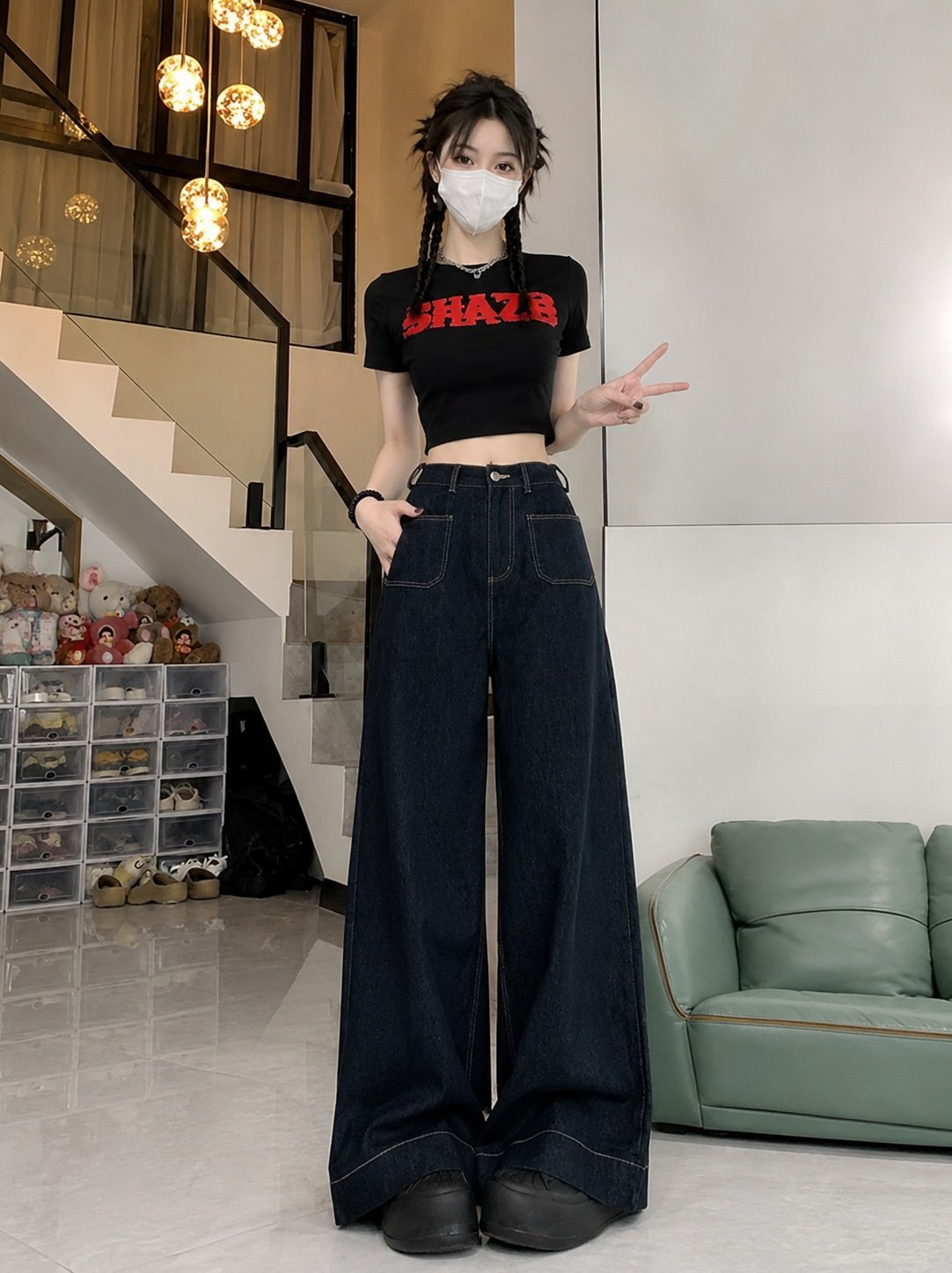 Black Mid-Rise Wide-Leg Denim Jeans
