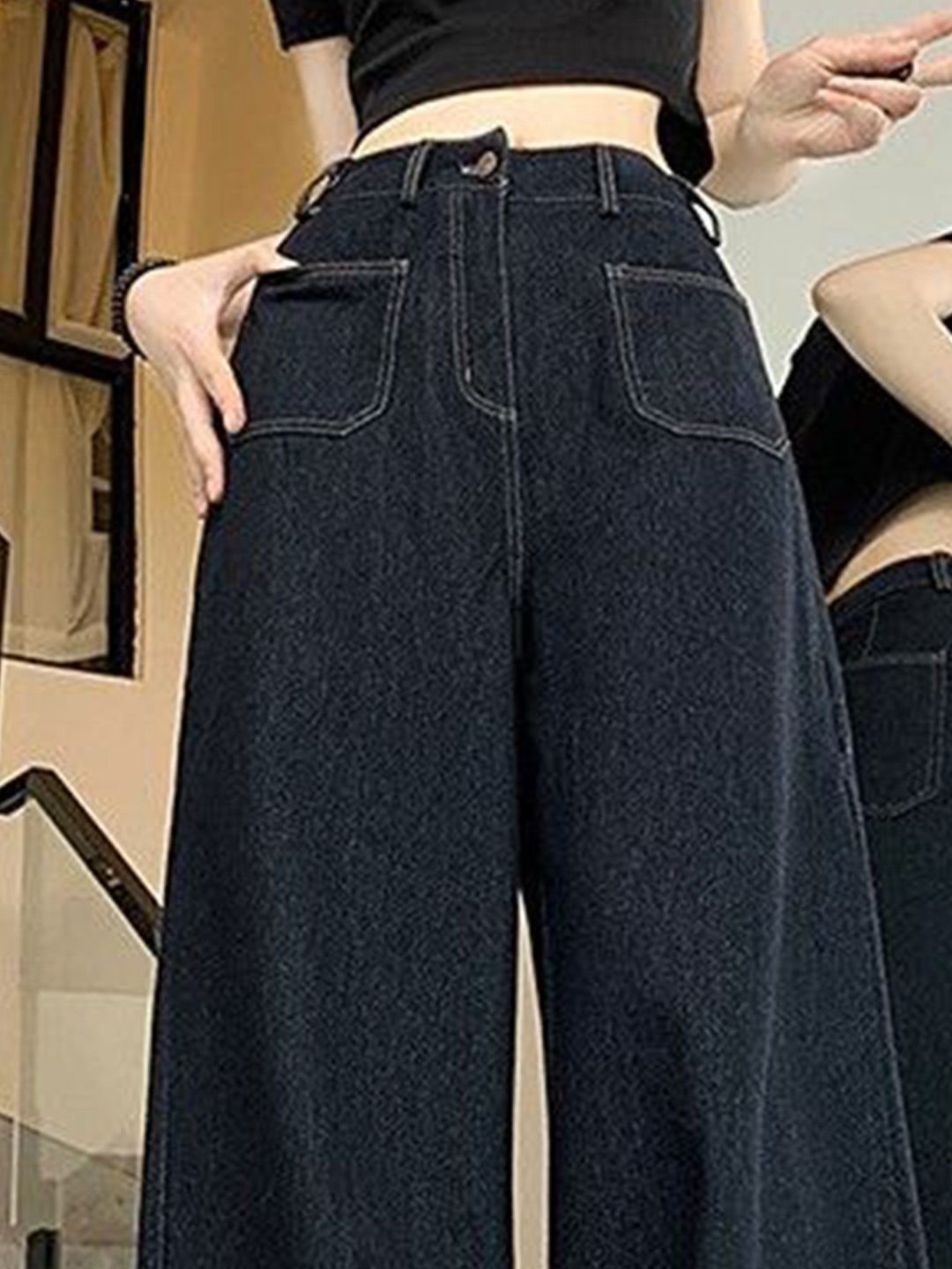 Black Mid-Rise Wide-Leg Denim Jeans