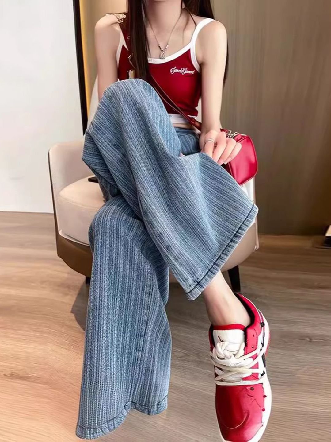 Blue High Waisted Wide-Leg Denim Jeans