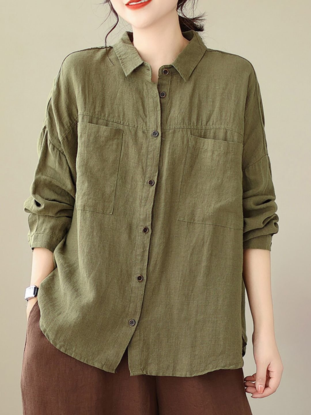 Olive Green Long Sleeve Cotton Shirt