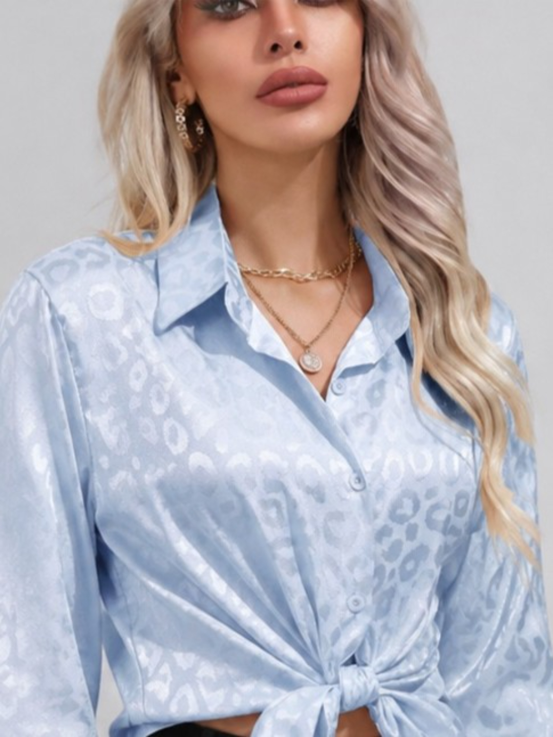 Blue Satin Long Sleeve Shirt with Subtle Print