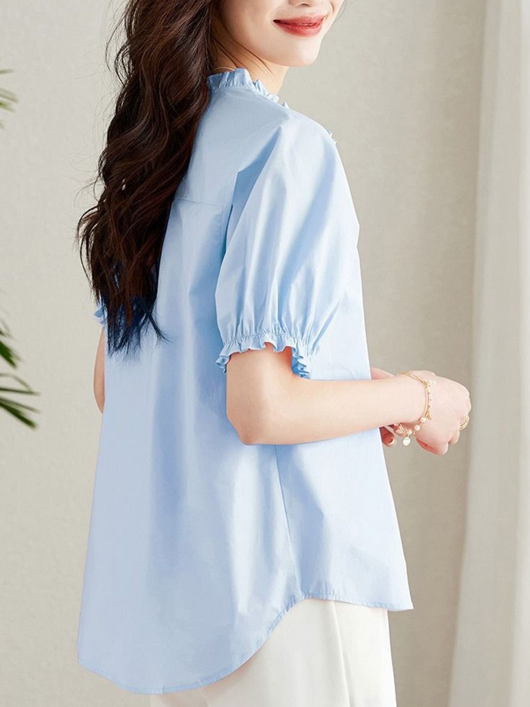 Light Blue Gathered Neck Short Sleeve Blouse