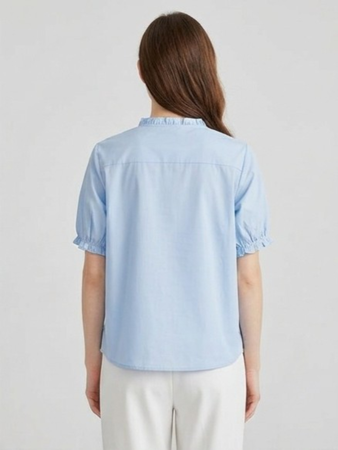 Light Blue Gathered Neck Short Sleeve Blouse