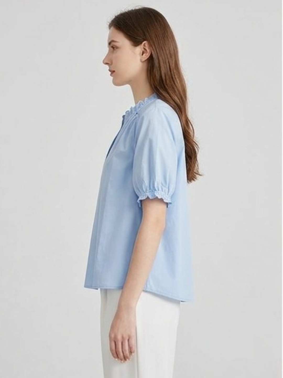 Light Blue Gathered Neck Short Sleeve Blouse