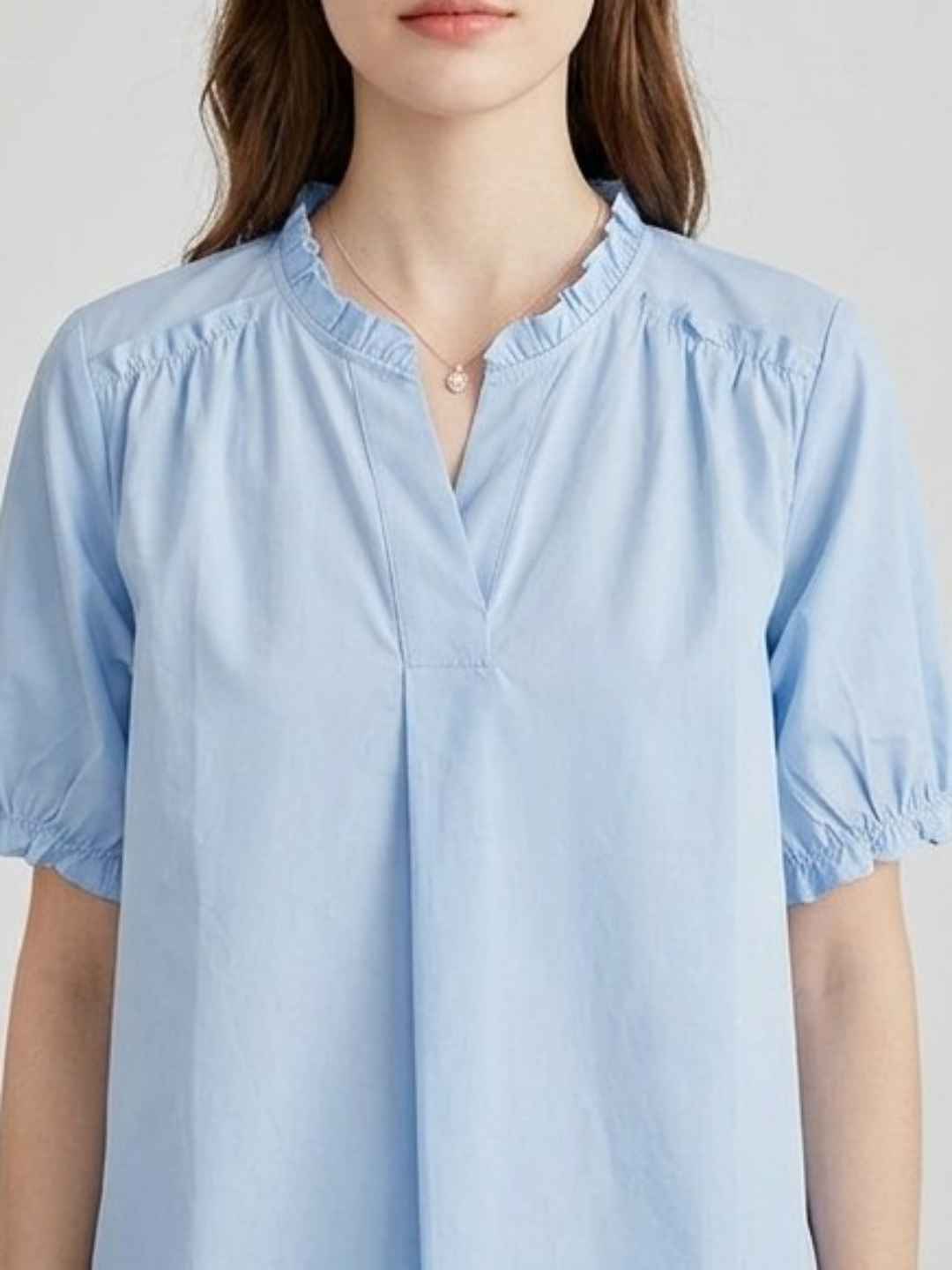 Light Blue Gathered Neck Short Sleeve Blouse