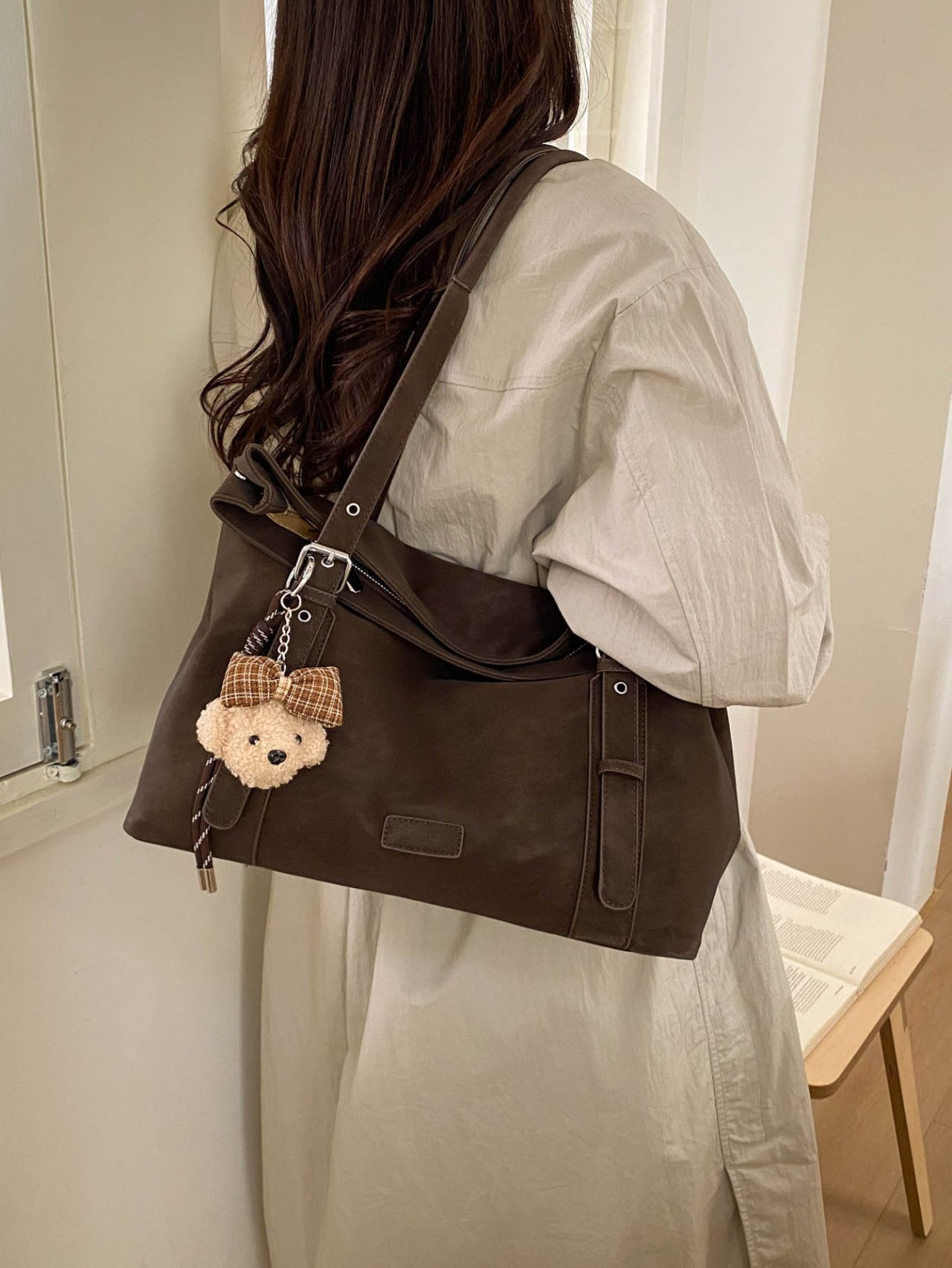 Coffee Brown Tote Shoulder Bag with Charm