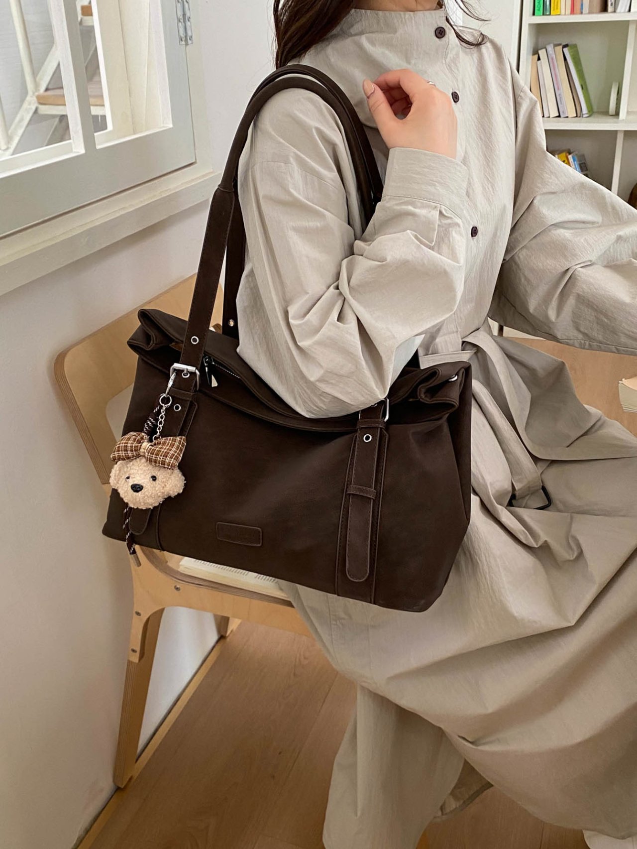 Coffee Brown Tote Shoulder Bag with Charm