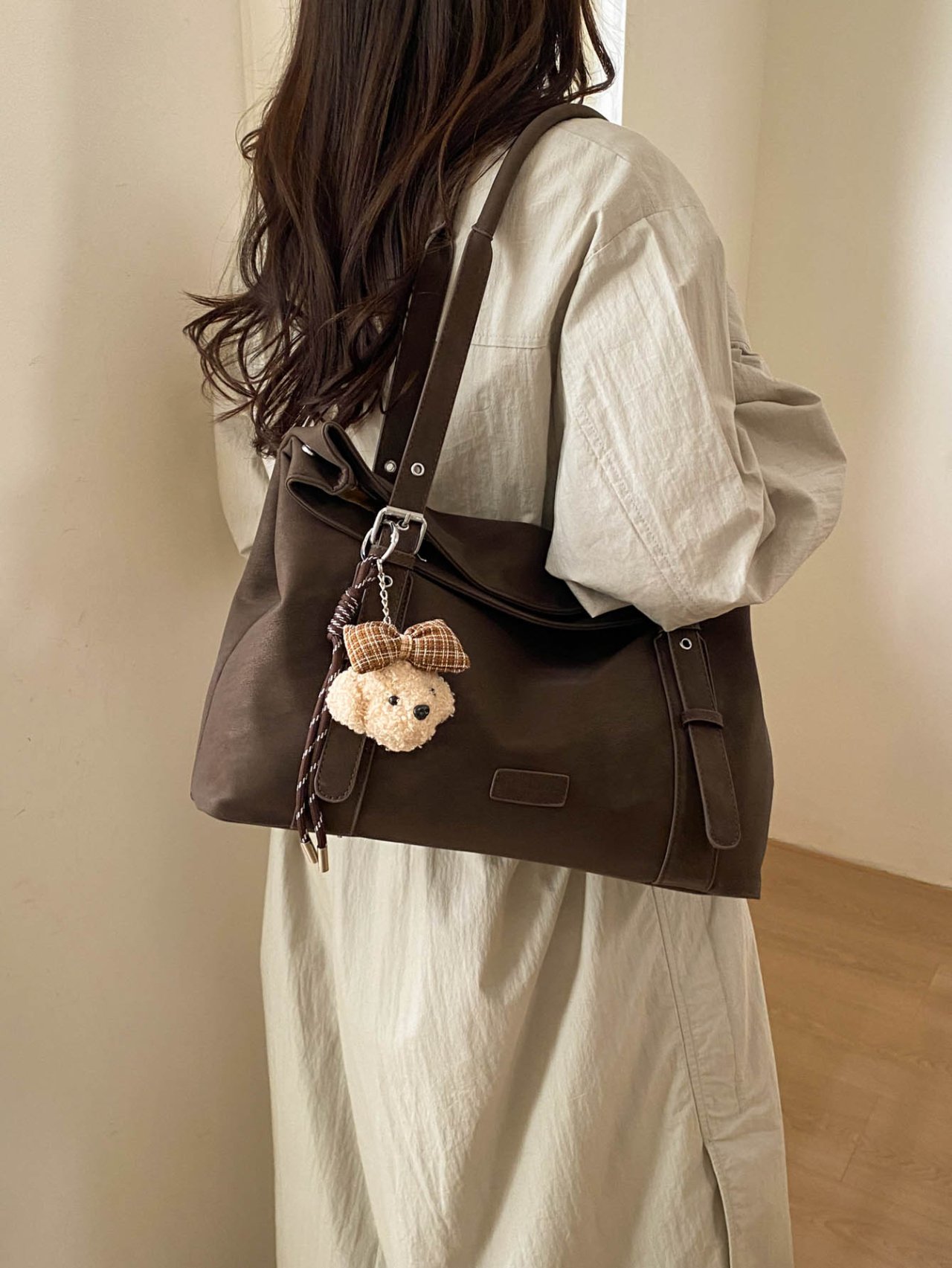 Coffee Brown Tote Shoulder Bag with Charm