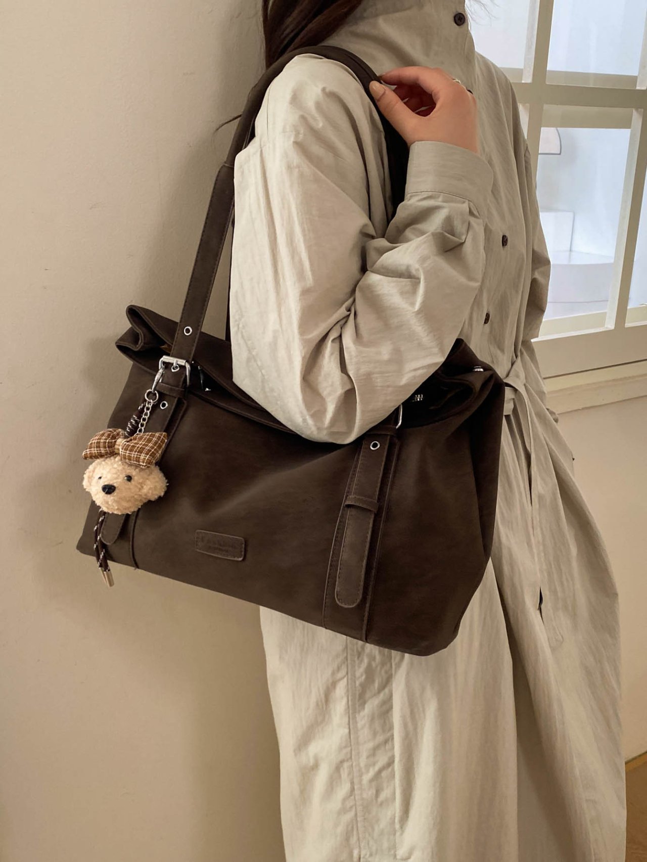 Coffee Brown Tote Shoulder Bag with Charm