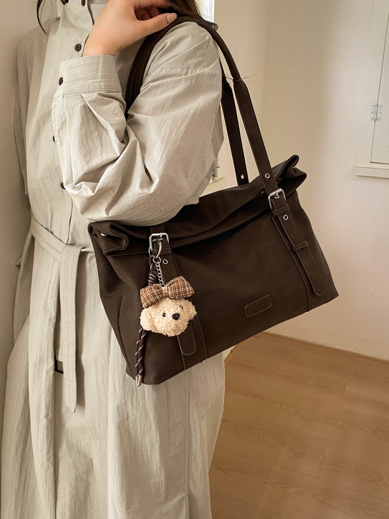 Coffee Brown Tote Shoulder Bag with Charm